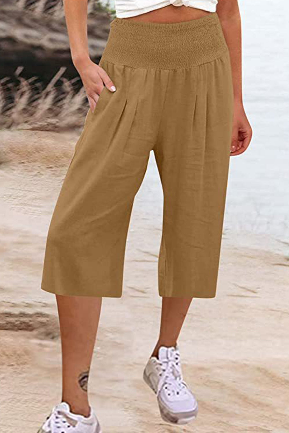 Pocketed High Waist Pants-BOTTOMS SIZES SMALL MEDIUM LARGE-[Adult]-[Female]-Caramel-S-2022 Online Blue Zone Planet