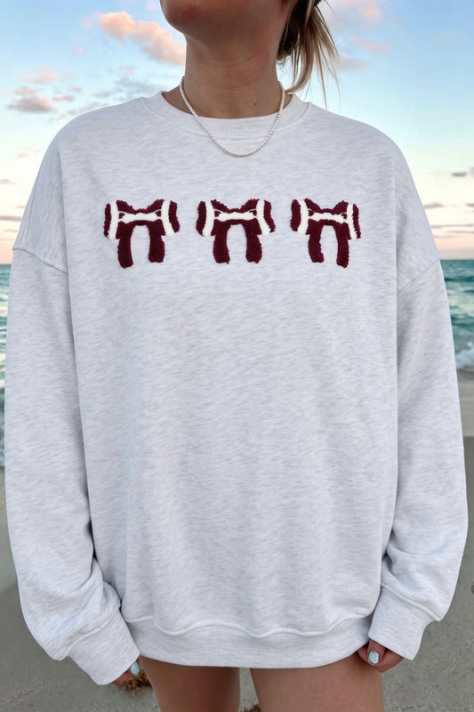 Gray Chenille Embroidered Rugby Bow Game Day Oversized Sweatshirt-Tops/Sweatshirts & Hoodies-[Adult]-[Female]-Gray-S-2022 Online Blue Zone Planet