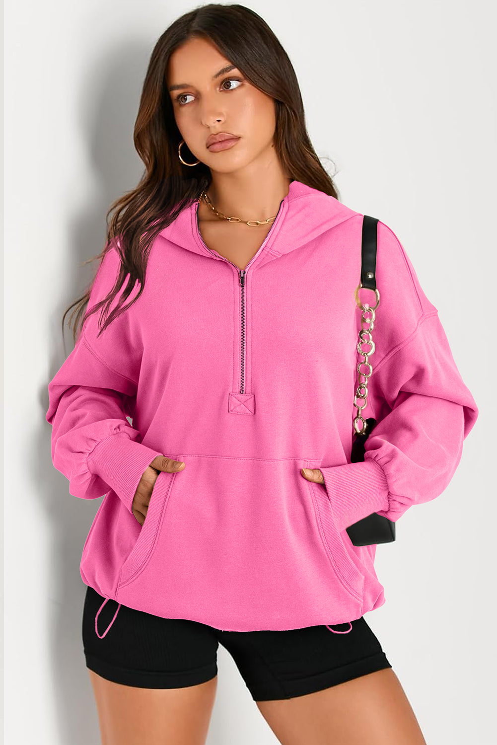 Pocketed Half Zip Long Sleeve Hoodie-HOODIES-[Adult]-[Female]-2022 Online Blue Zone Planet