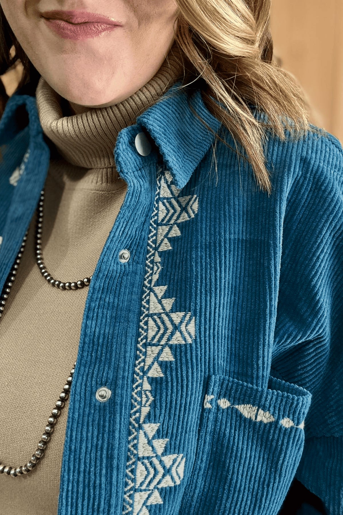Blue Embroidered Corduroy V-Neck Long Sleeve Plus Size Shirt