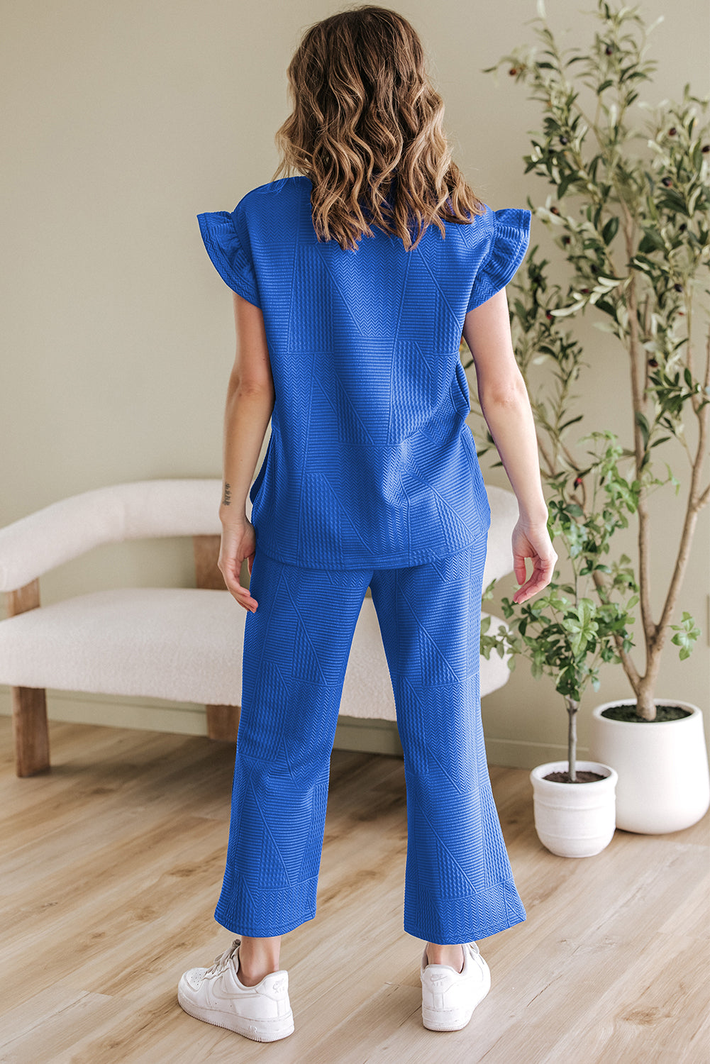 Blue Zone Planet | Dark Blue Ruffled Sleeve Summer Top and Cropped Loose Pants Set-Two Piece Sets/Pant Sets-[Adult]-[Female]-2022 Online Blue Zone Planet