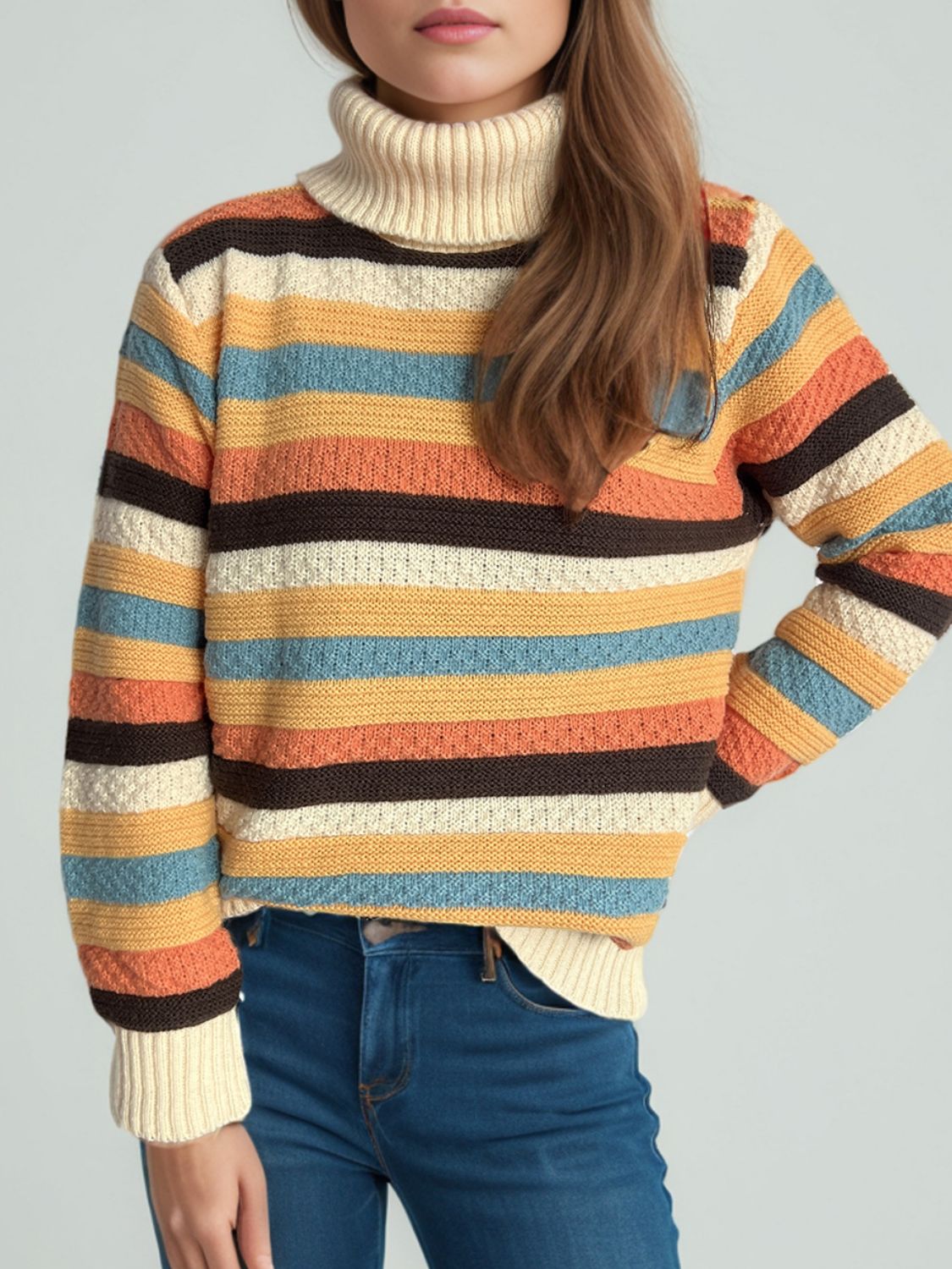 Blue Zone Planet | Contrast Stripes Turtleneck Long Sleeve Sweater-TOPS / DRESSES-[Adult]-[Female]-2022 Online Blue Zone Planet