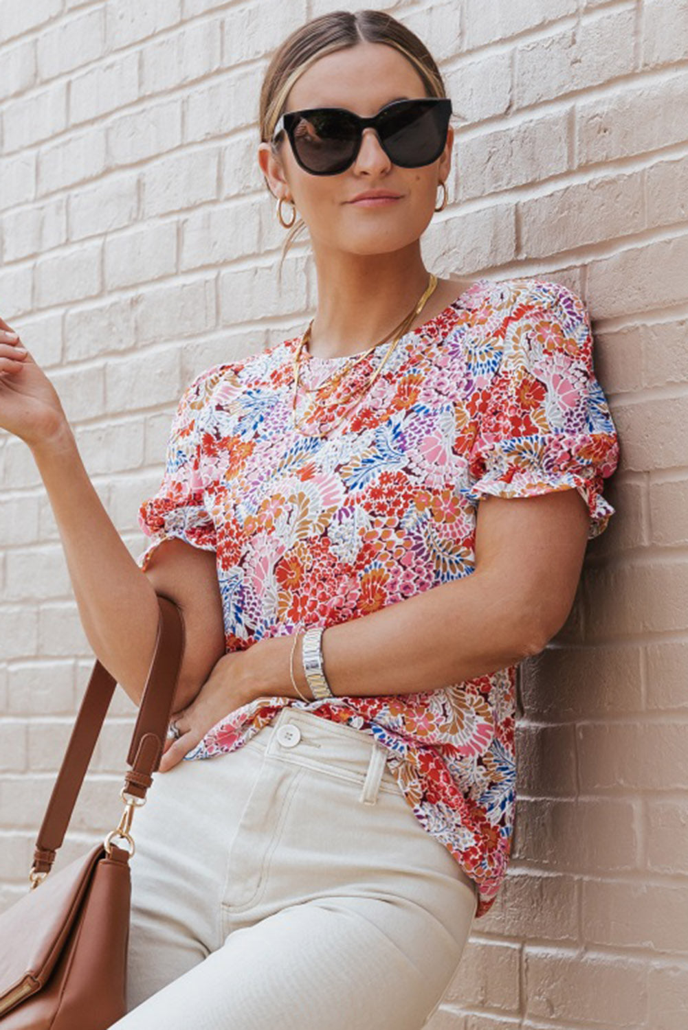Multicolor Mix Floral Pattern Bubble Sleeve Blouse-Tops/Blouses & Shirts-[Adult]-[Female]-2022 Online Blue Zone Planet