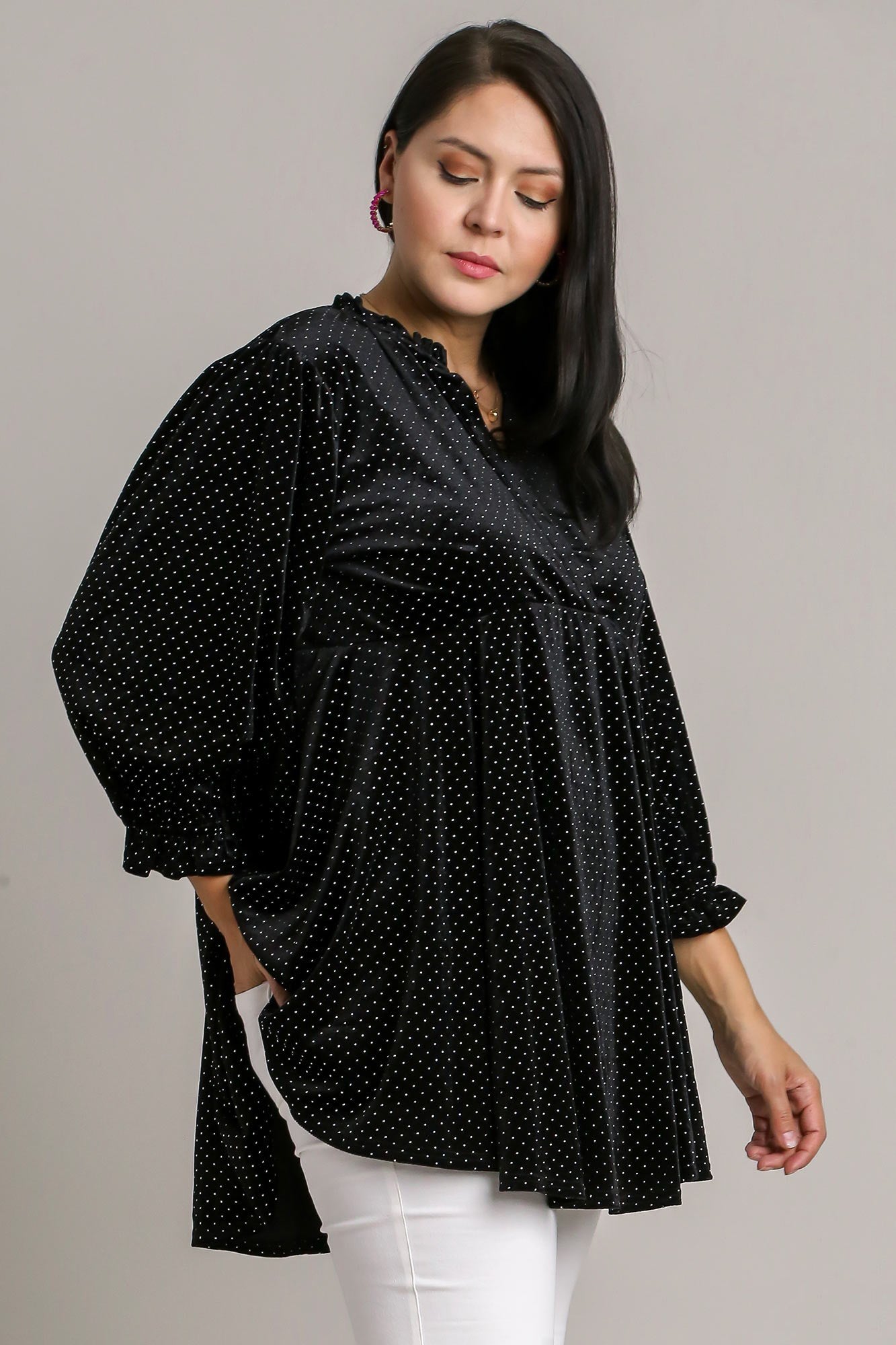 Blue Zone Planet | Umgee Full Size Beaded Frill Flounce Sleeve Velvet Babydoll Blouse-TOPS / DRESSES-[Adult]-[Female]-2022 Online Blue Zone Planet