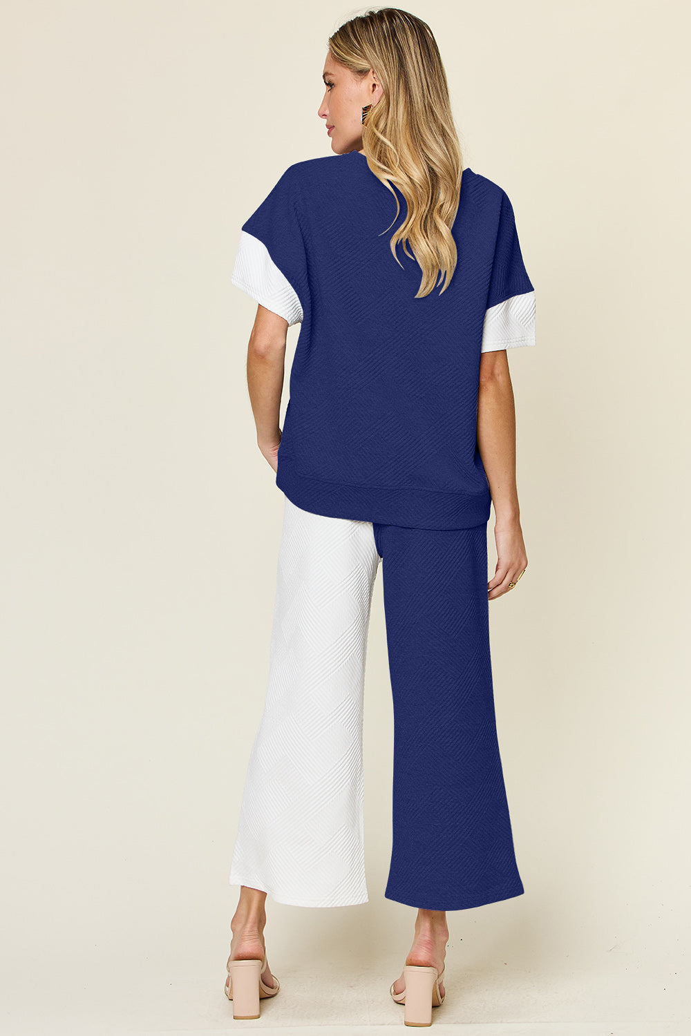 Double Take Full Size Texture Contrast T-Shirt and Wide Leg Pants Set-TOPS / DRESSES-[Adult]-[Female]-2022 Online Blue Zone Planet