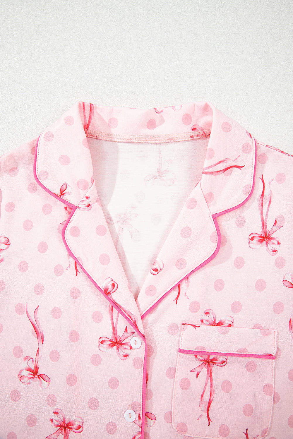 Pink Bow Print Contrast Pipping Short Pajamas Set-Loungewear & Sleepwear/Sleepwear-[Adult]-[Female]-2022 Online Blue Zone Planet