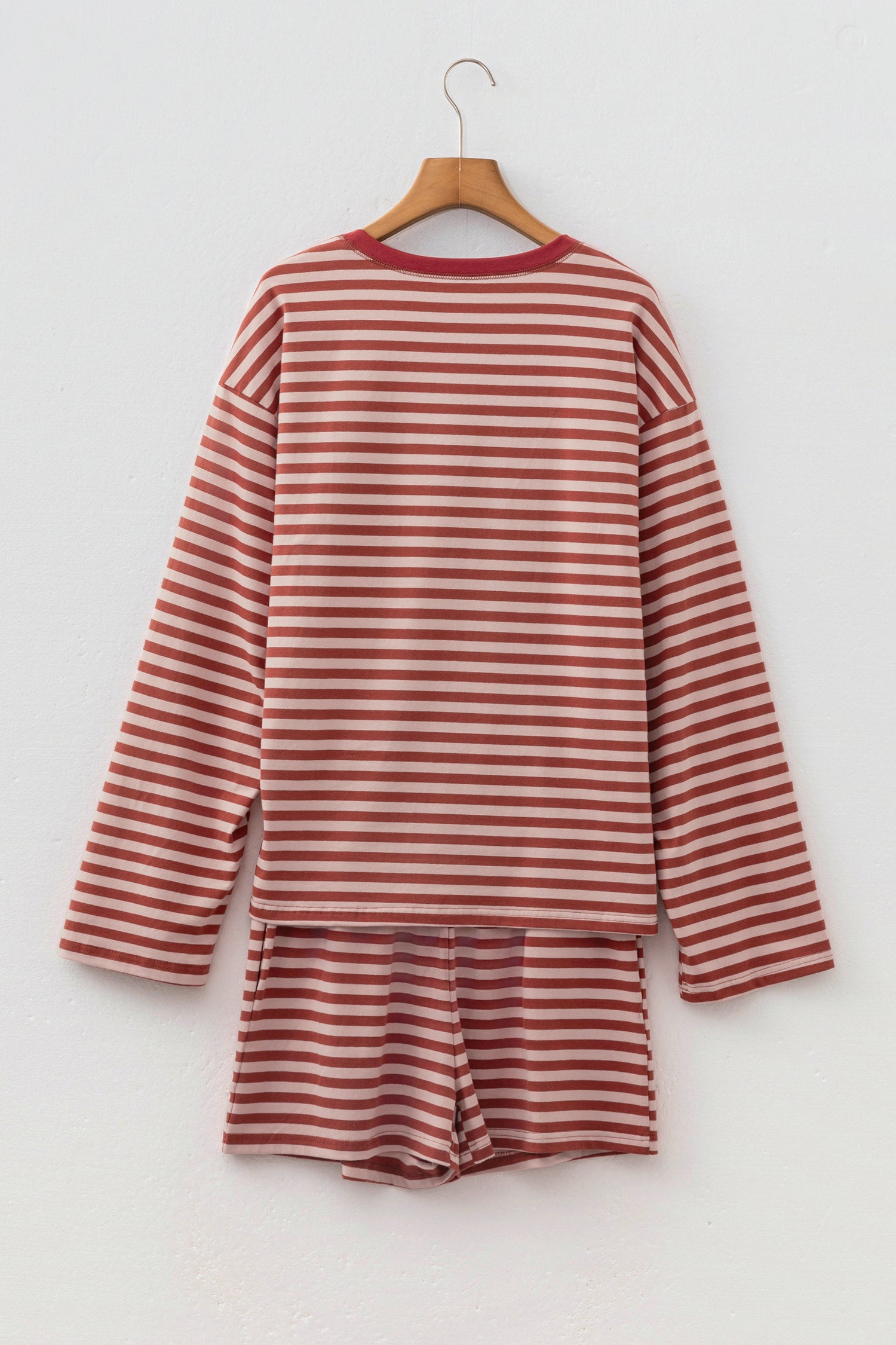 Brown Stripe Relaxed Long Sleeve Top Contrast Elastic Waistband Short Set-Two Piece Sets/Short Sets-[Adult]-[Female]-2022 Online Blue Zone Planet