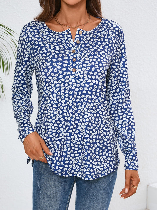 Quarter Button Printed Round Neck Long Sleeve Top-TOPS / DRESSES-[Adult]-[Female]-Royal Blue-S-2022 Online Blue Zone Planet