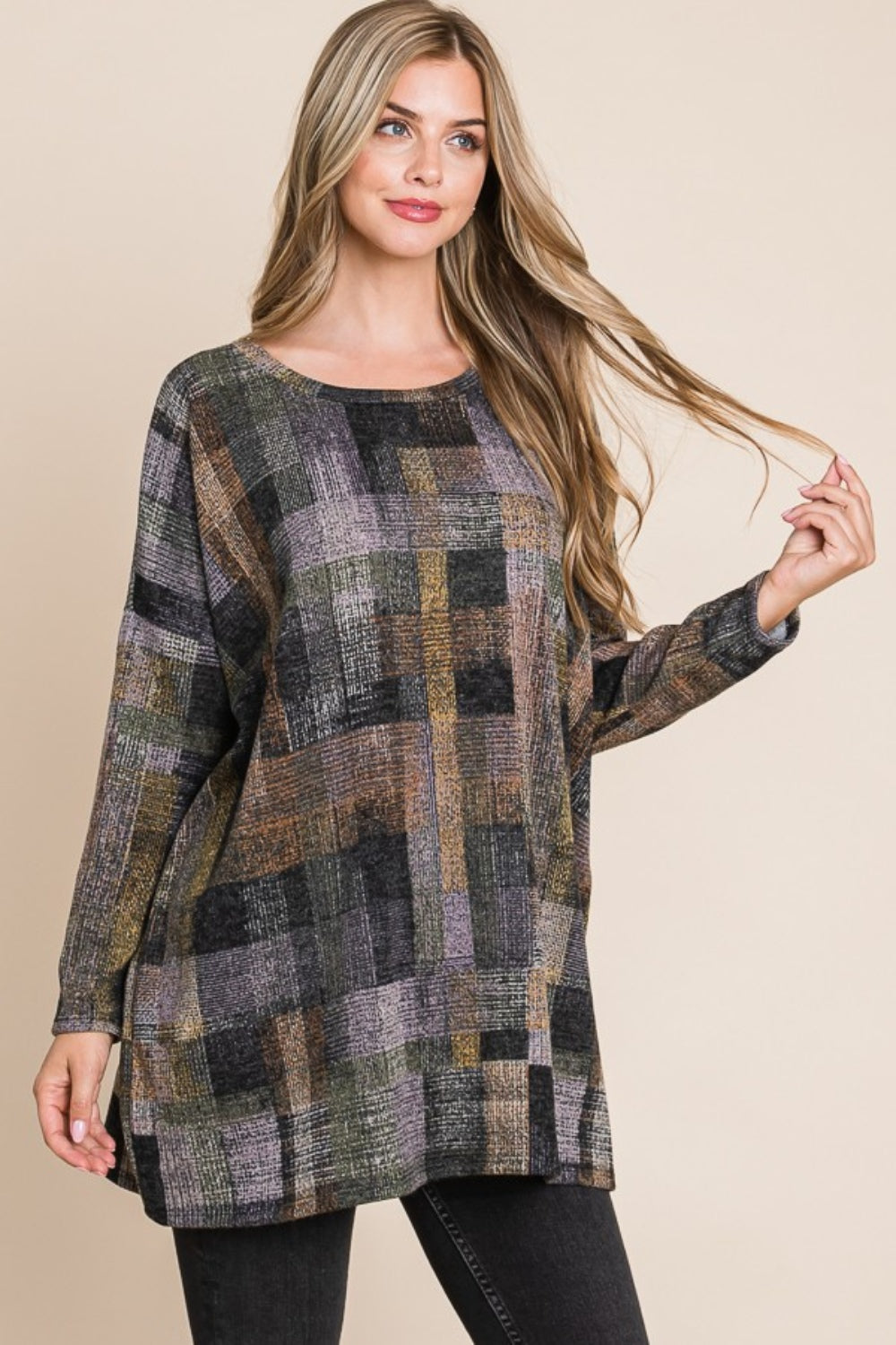 BOMBOM Plaid Round Neck Long Sleeve Top-TOPS / DRESSES-[Adult]-[Female]-Multi-S-2022 Online Blue Zone Planet