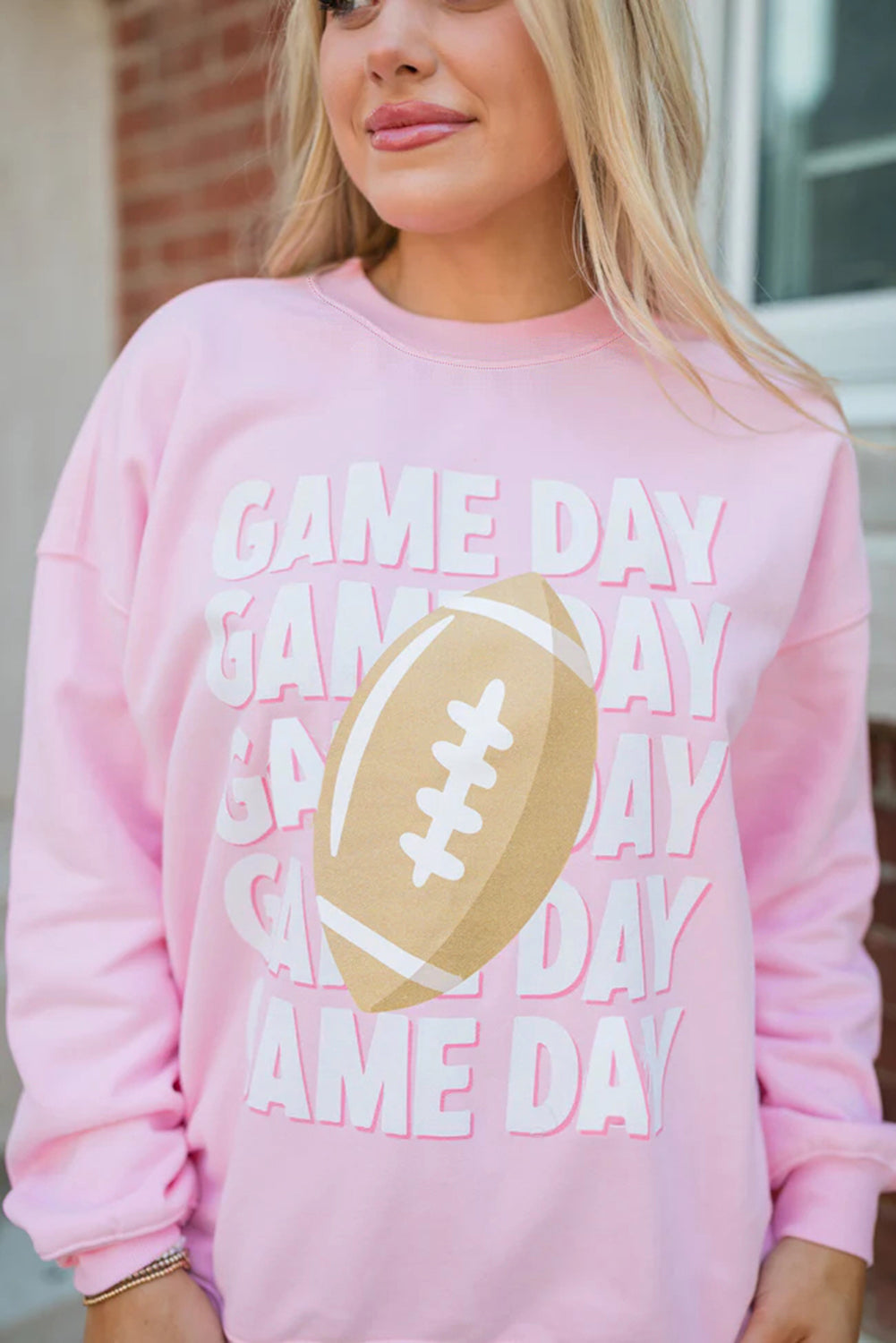Pink GAME DAY Football Rugby Print Casual Sweatshirt-Tops/Sweatshirts & Hoodies-[Adult]-[Female]-2022 Online Blue Zone Planet