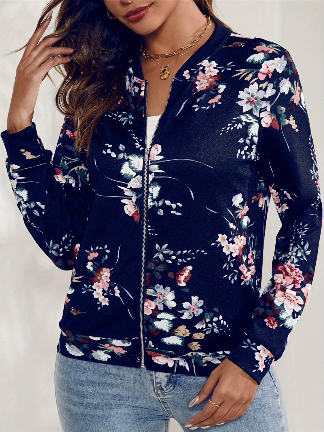 Printed Zip Up Long Sleeve Outerwear-TOPS / DRESSES-[Adult]-[Female]-Dark Navy-S-2022 Online Blue Zone Planet