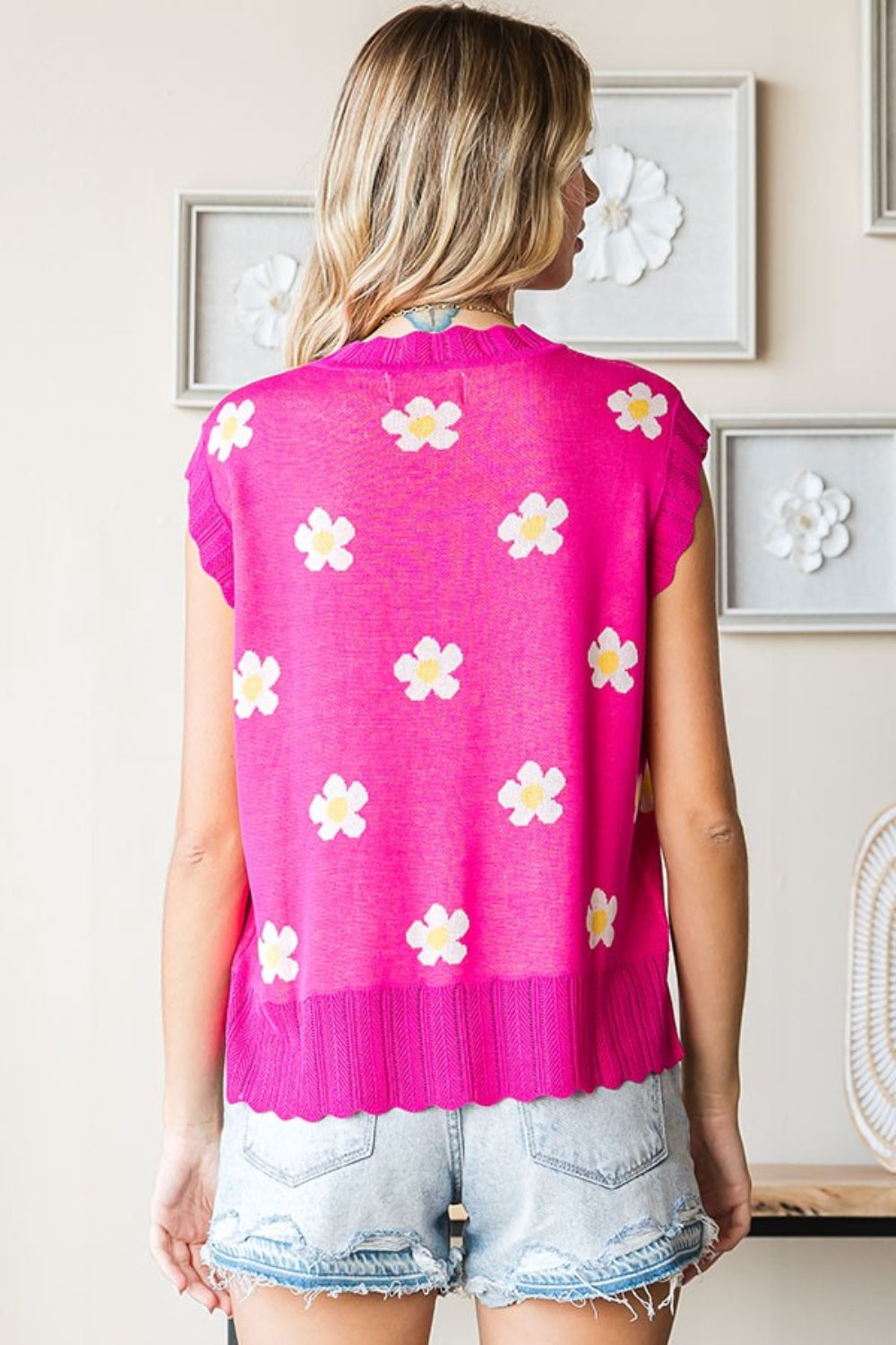 First Love Full Size Flower Pattern Round Neck Sweater Vest-TOPS / DRESSES-[Adult]-[Female]-2022 Online Blue Zone Planet