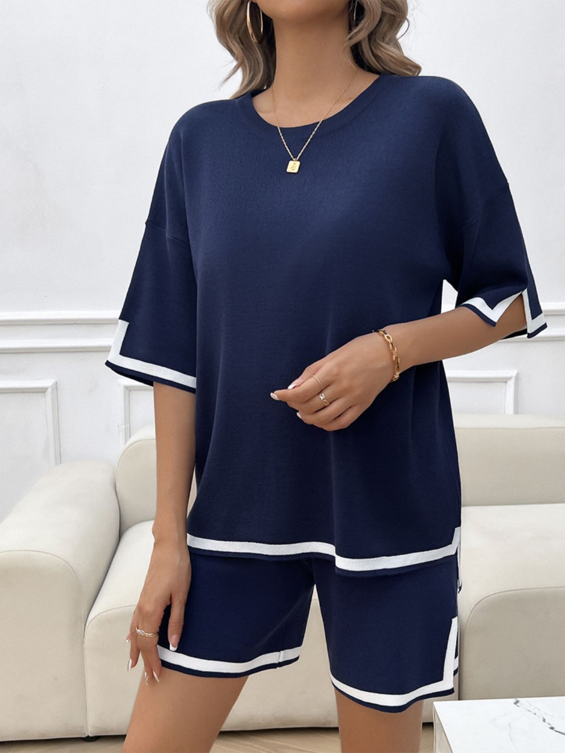 Blue Zone Planet | Devine Contrast Trim Round Neck Top and Shorts Set-TOPS / DRESSES-[Adult]-[Female]-2022 Online Blue Zone Planet