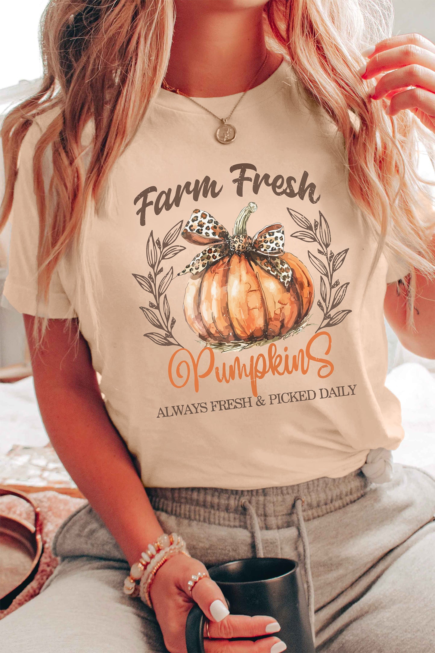 Khaki Farm Fresh Pumpkin Slogan Fall Thanksgiving Graphic Tee