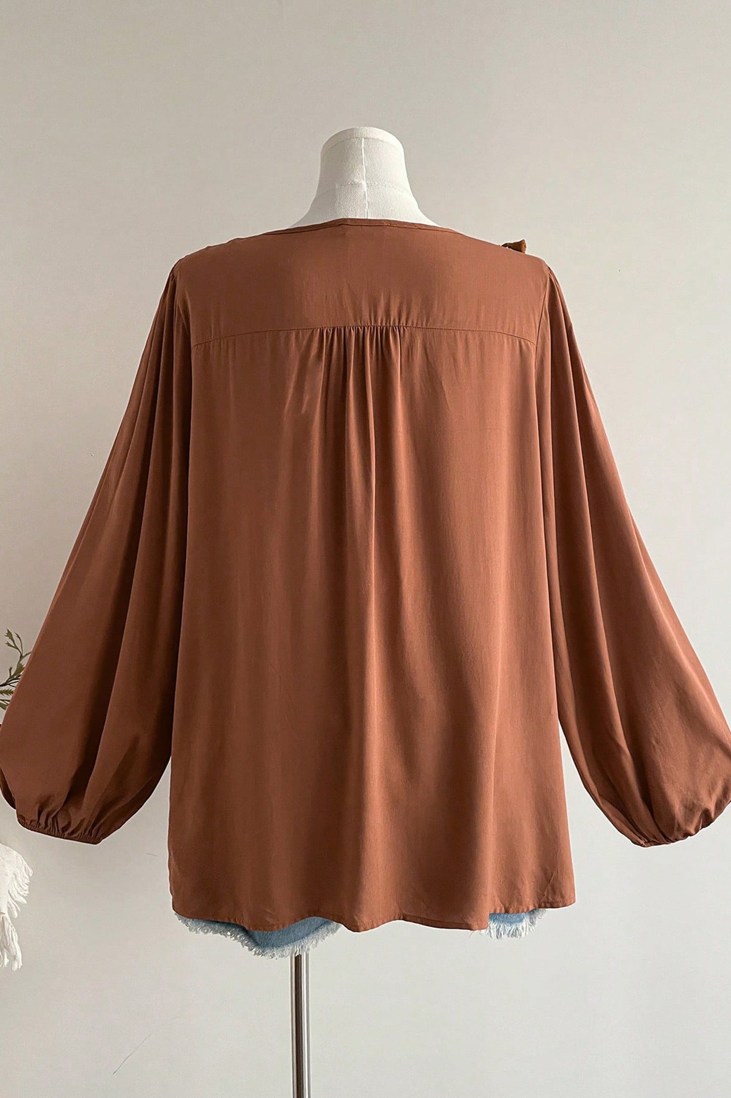 Chestnut Boho V Neck Embroidered Tassel Long Sleeve Plus Size Blouse