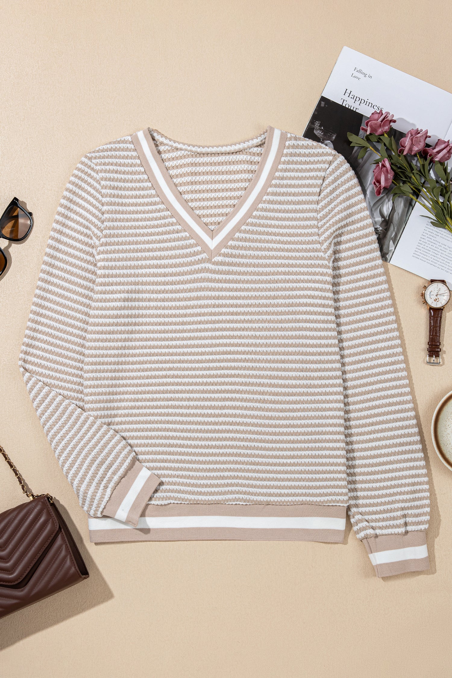 Beige Striped Textured Knit V Neck Casual Top-Tops/Long Sleeve Tops-[Adult]-[Female]-2022 Online Blue Zone Planet