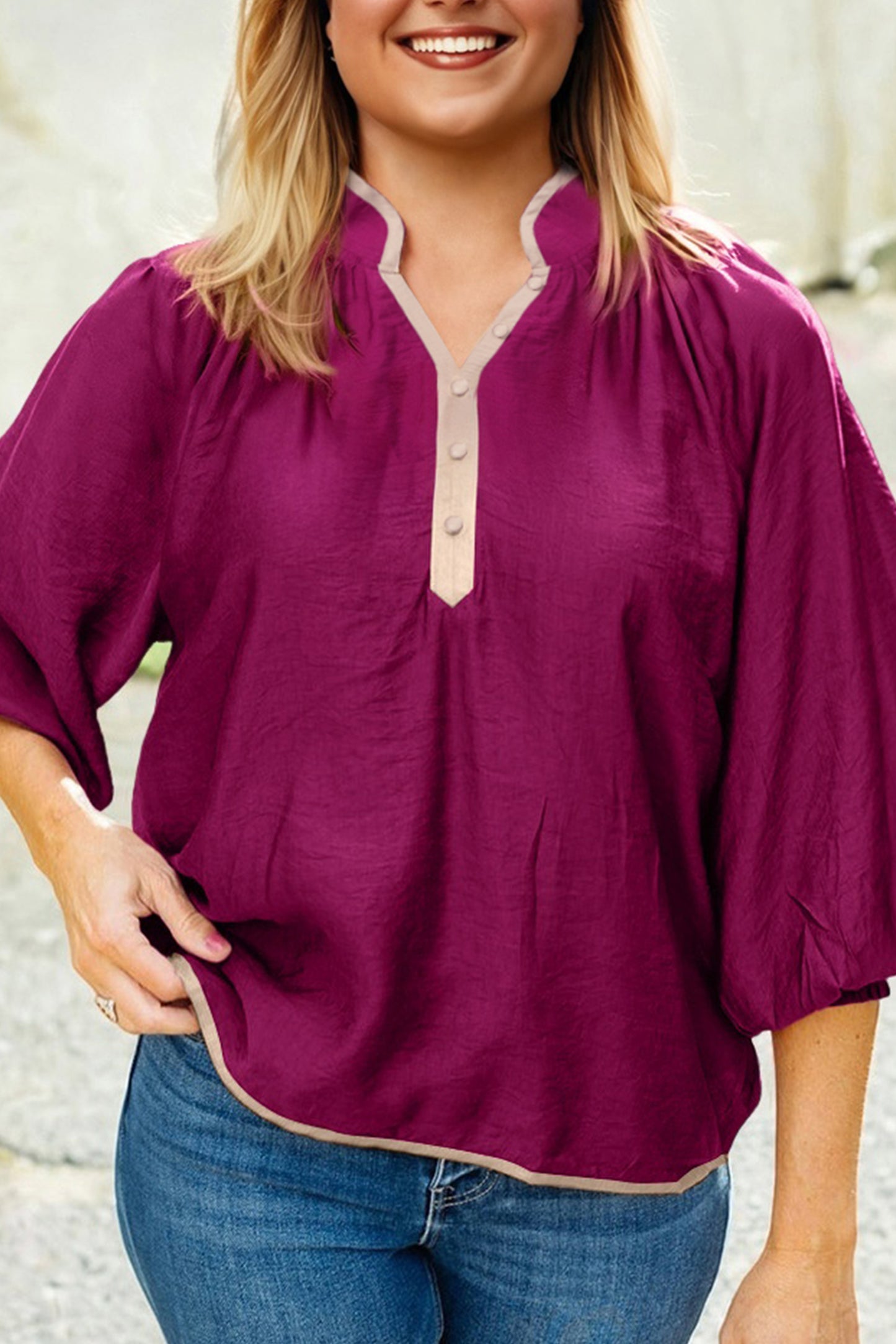 Wild Ginger Plus Size Contrast Trim Button V Neck Puffy Bracelet Sleeve Blouse-Bracelet-[Adult]-[Female]-Wild Ginger-1X-2022 Online Blue Zone Planet