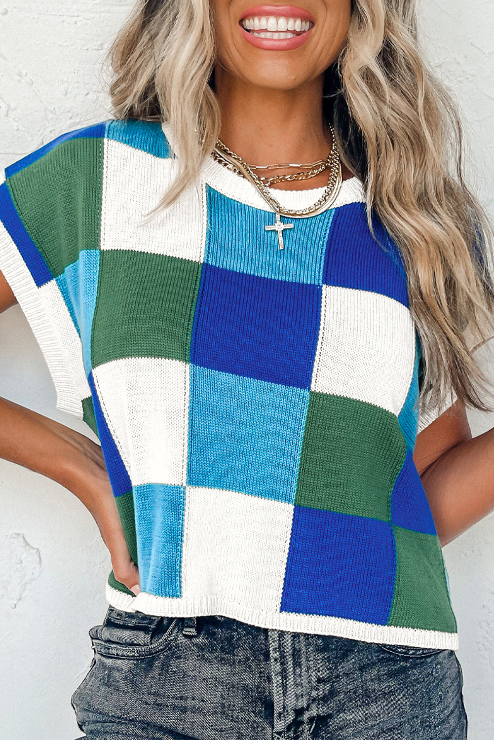 Tillandsia Purple Color Block Cap Sleeve Sweater-Sweaters & Cardigans/Short Sleeve Sweaters-[Adult]-[Female]-Dark Blue-S-2022 Online Blue Zone Planet