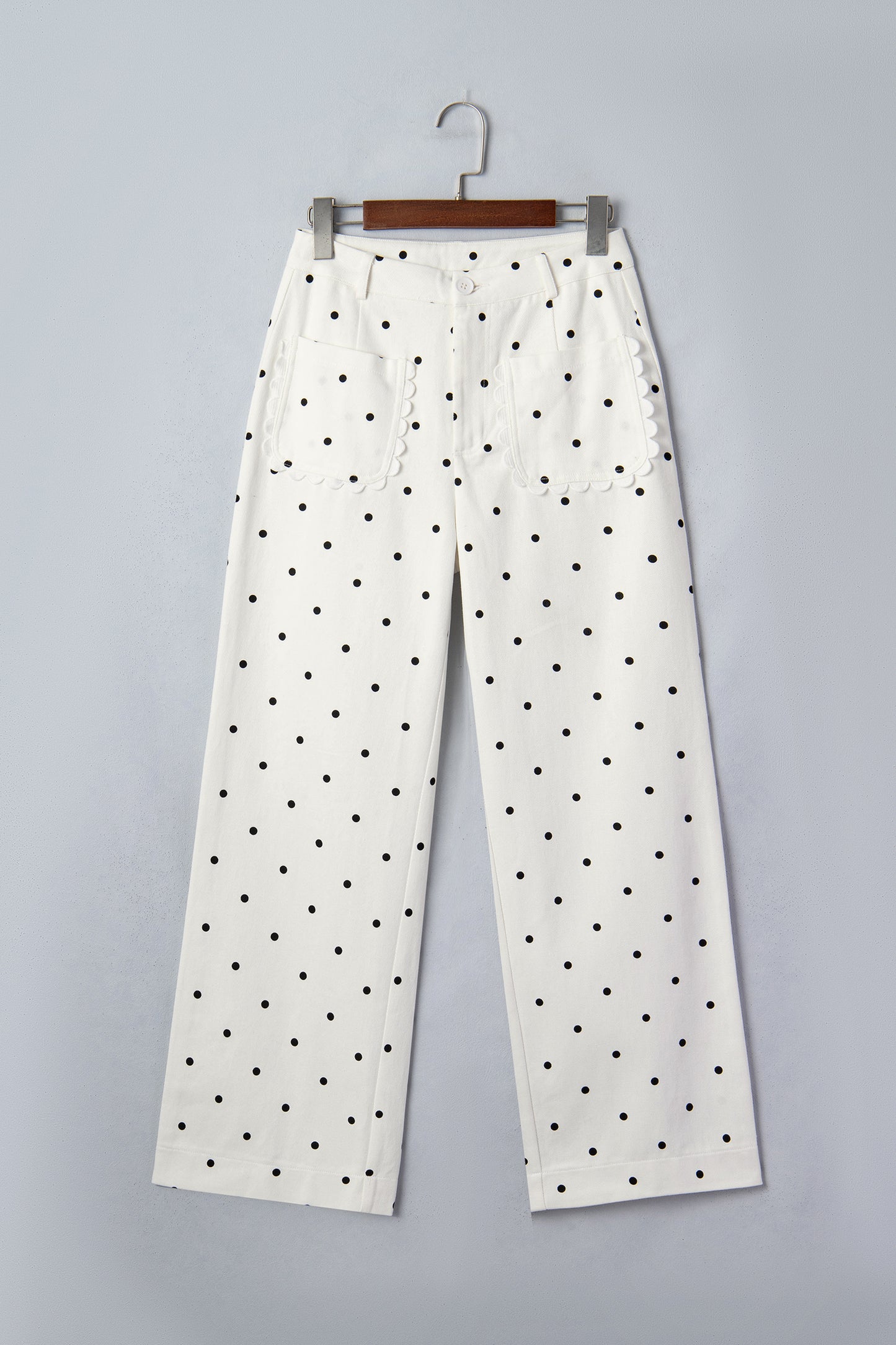 White Polka Dot Print Scalloped Patch Pocket Cotton Shift Pants-Bottoms/Pants & Culotte-[Adult]-[Female]-2022 Online Blue Zone Planet