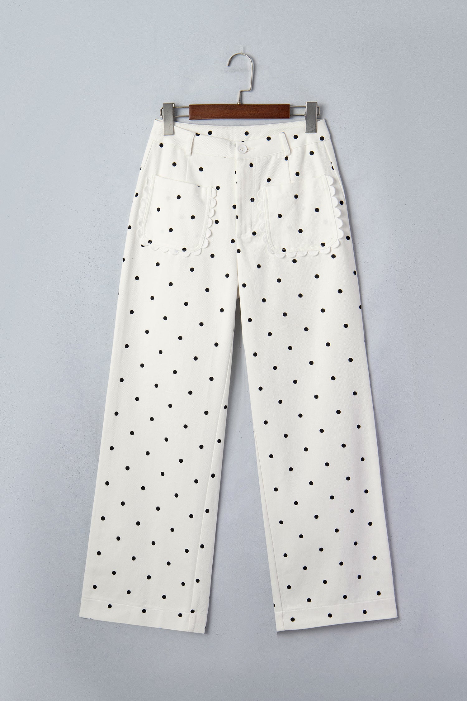 White Polka Dot Print Scalloped Patch Pocket Cotton Shift Pants-Bottoms/Pants & Culotte-[Adult]-[Female]-2022 Online Blue Zone Planet