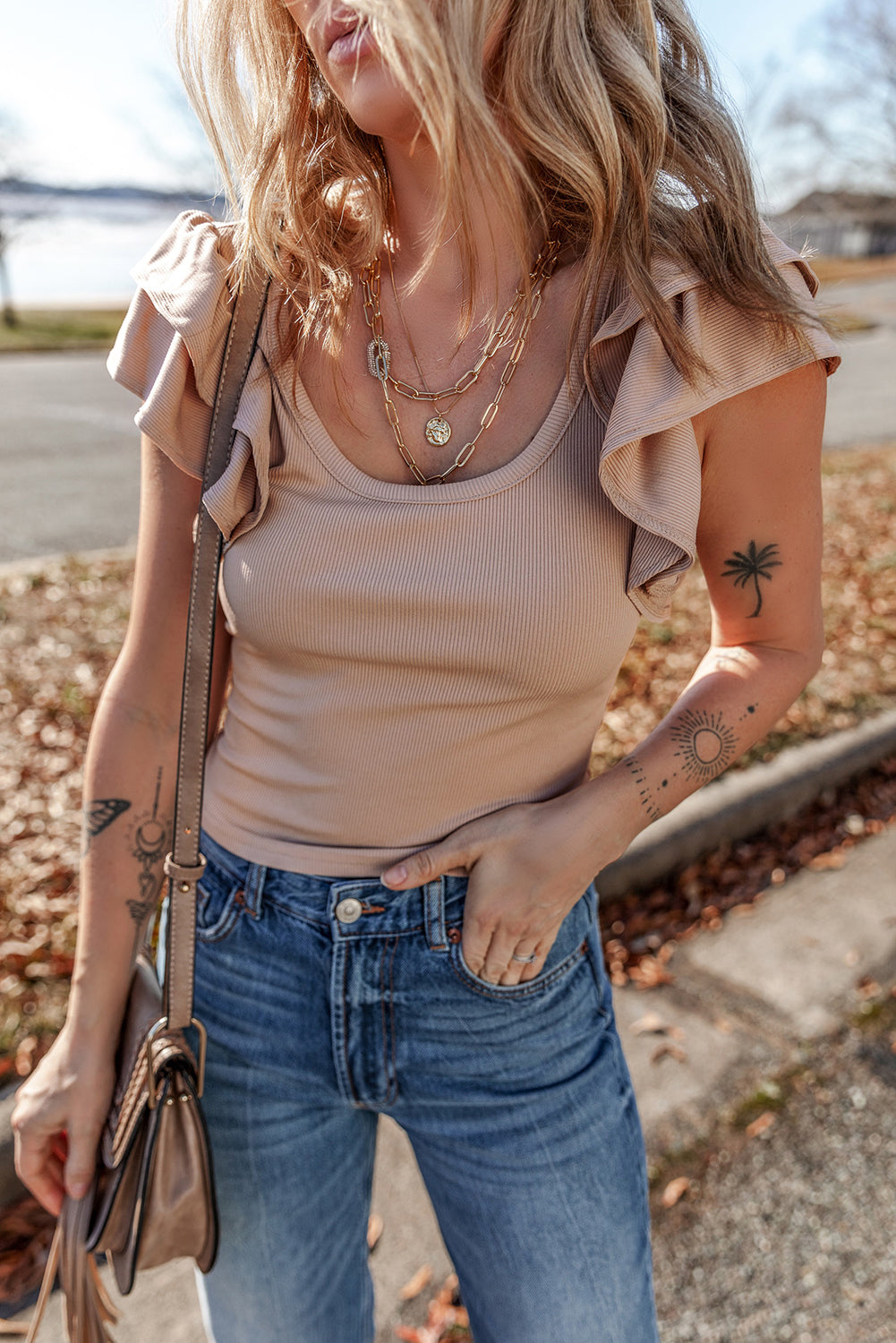 Smoke Gray Ribbed Knit Ruffled Shoulder Slim Fit Tank Top-Tops/Tank Tops-[Adult]-[Female]-2022 Online Blue Zone Planet