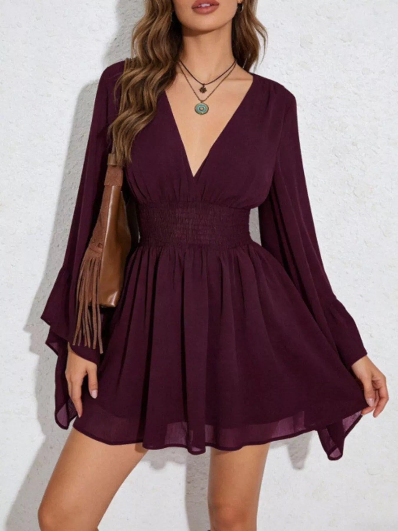long sleeve flowy mini dress V-Neck Flowy Long Sleeve Mini Dress – Blue Zone Planet