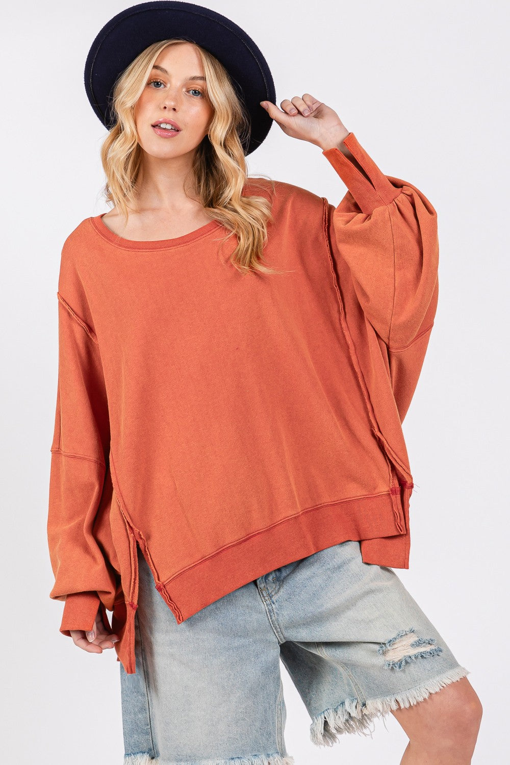 SAGE + FIG Mineral Wash Side Slit Oversized Sweatshirt-TOPS / DRESSES-[Adult]-[Female]-Amber-S-2022 Online Blue Zone Planet