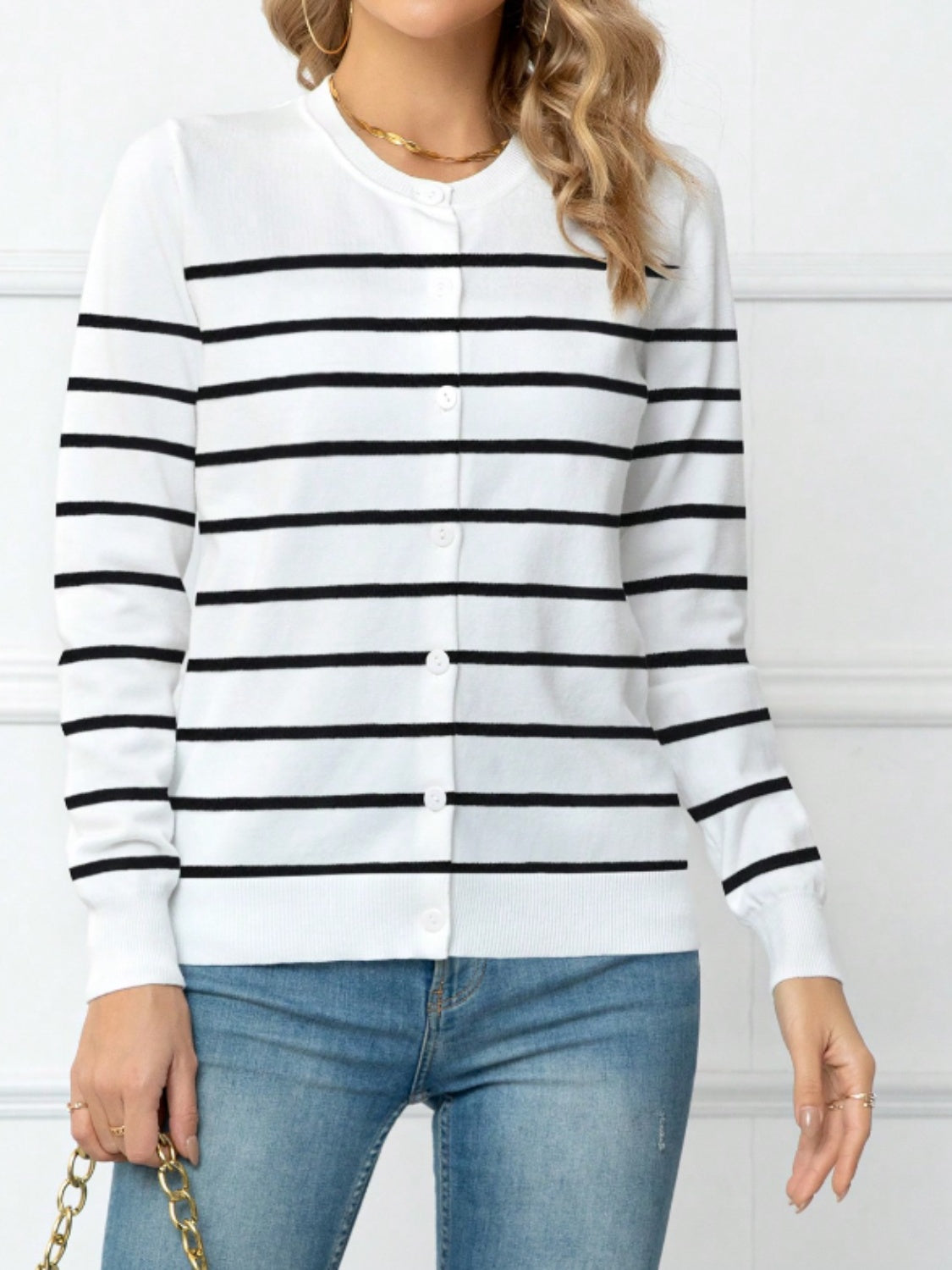 Blue Zone Planet | Striped Round Neck Button Up Cardigan-TOPS / DRESSES-[Adult]-[Female]-2022 Online Blue Zone Planet