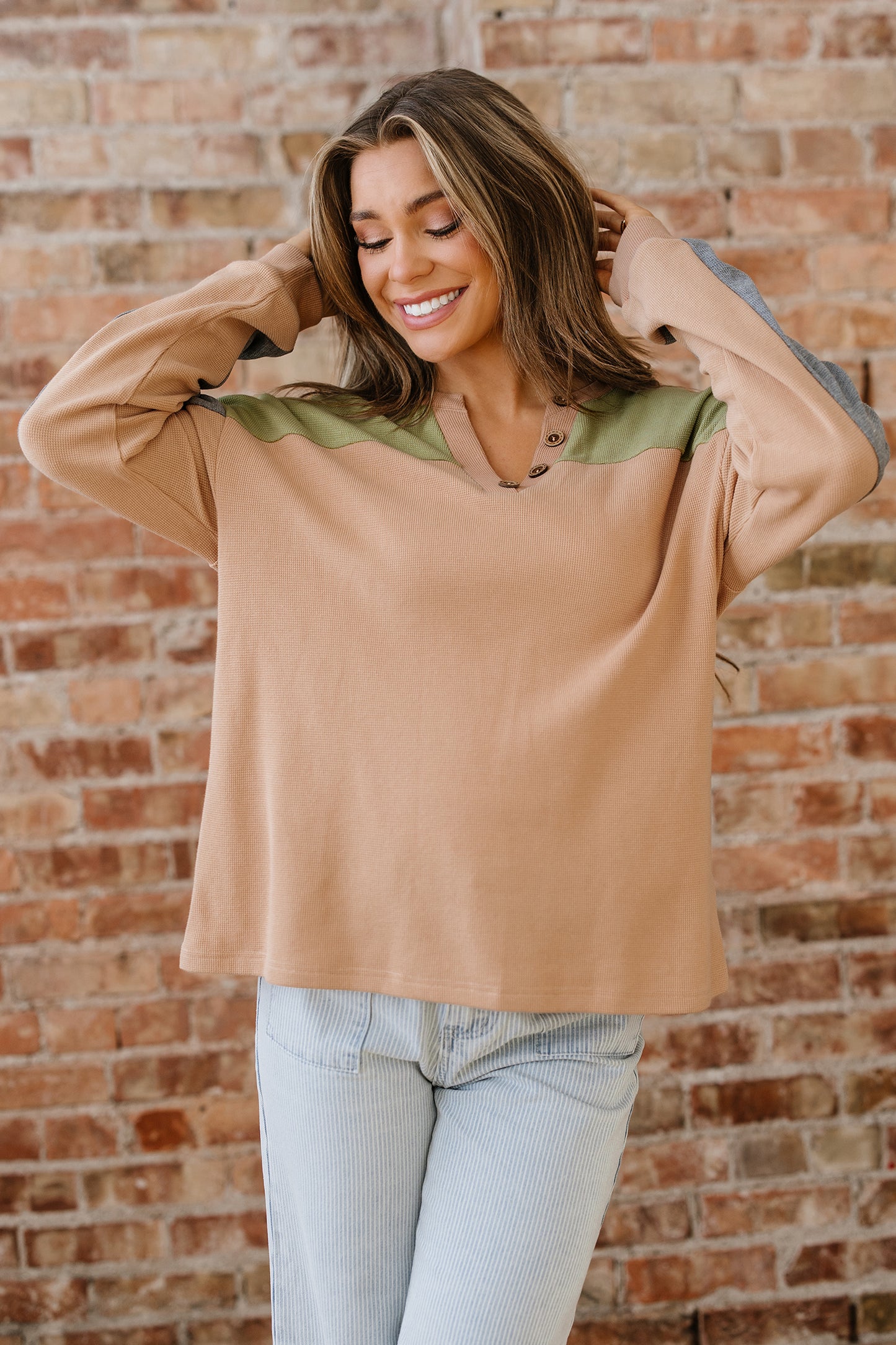 Buckskin Color Block Thermal Textured Knit Drop Shoulder Henley Top-Tops/Long Sleeve Tops-[Adult]-[Female]-2022 Online Blue Zone Planet