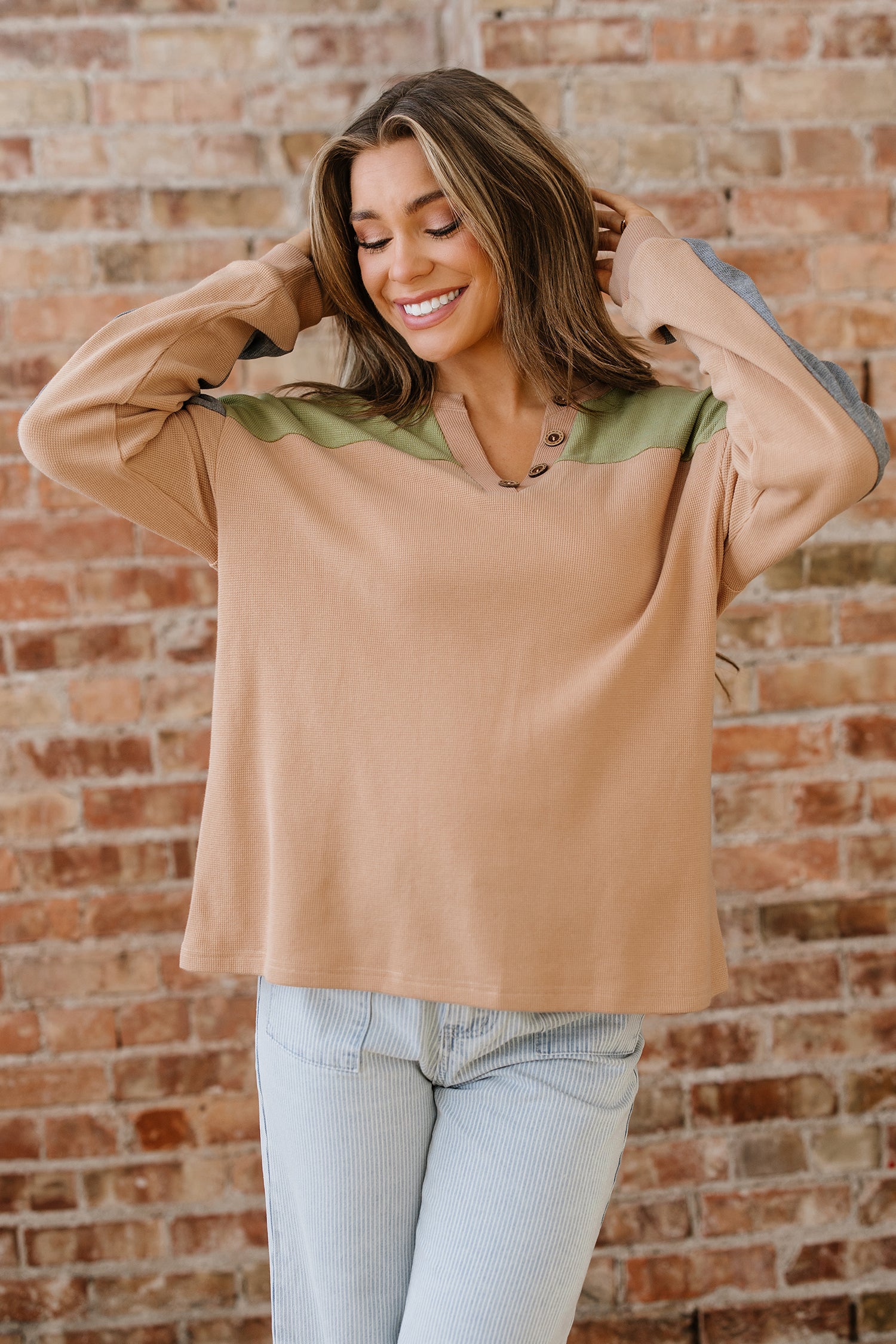 Buckskin Color Block Thermal Textured Knit Drop Shoulder Henley Top-Tops/Long Sleeve Tops-[Adult]-[Female]-2022 Online Blue Zone Planet