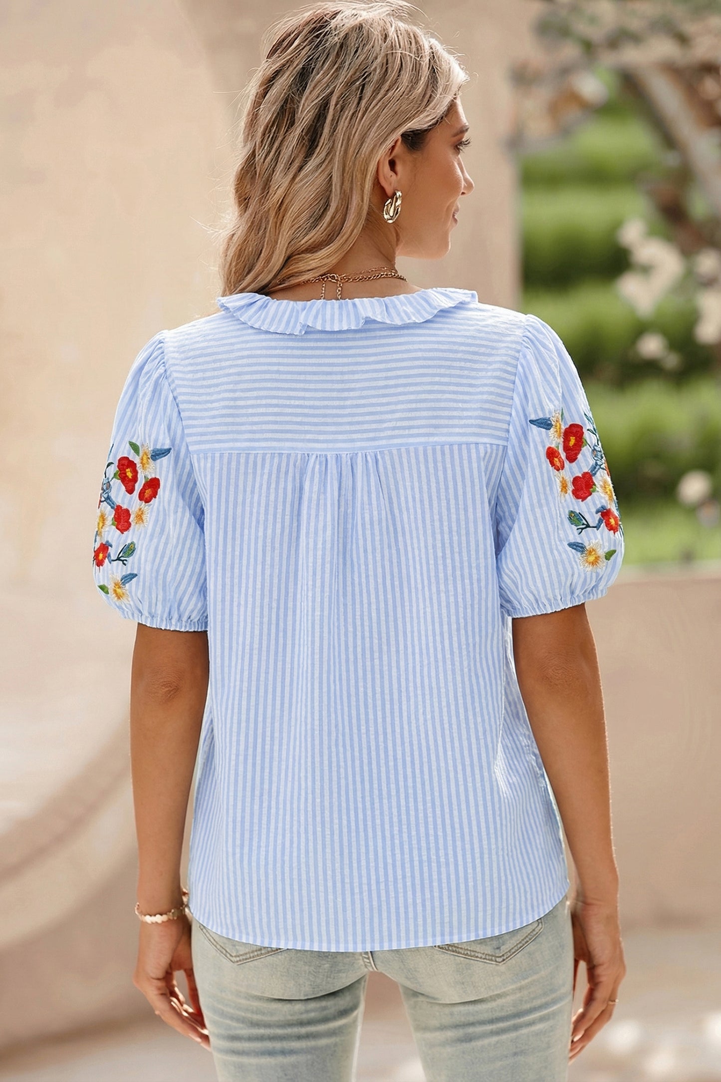 Sky Blue Stripe Floral Embroidered Puff Sleeve Ruffle Trim Shirt-Tops/Blouses & Shirts-[Adult]-[Female]-2022 Online Blue Zone Planet