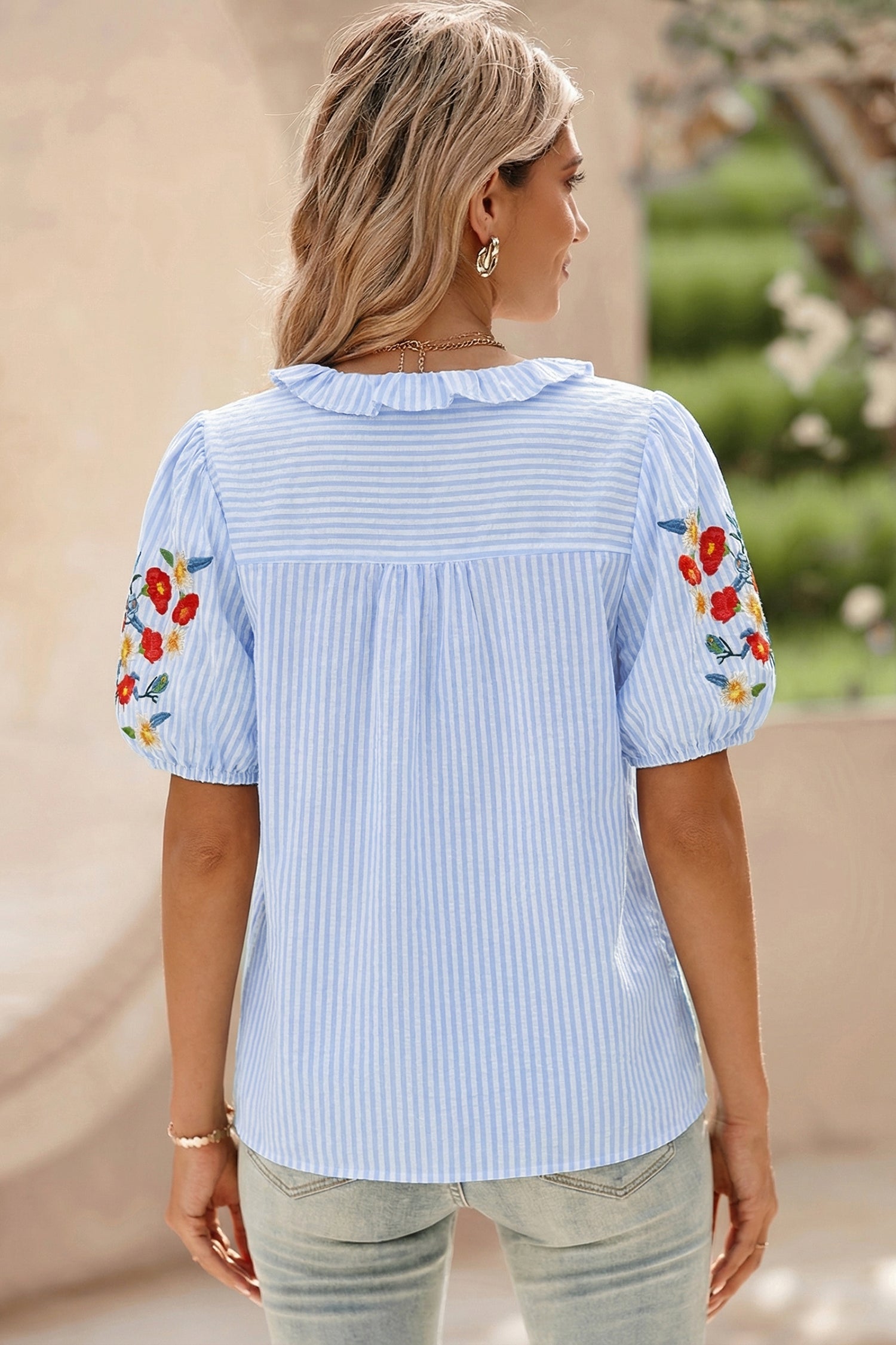 Sky Blue Stripe Floral Embroidered Puff Sleeve Ruffle Trim Shirt-Tops/Blouses & Shirts-[Adult]-[Female]-2022 Online Blue Zone Planet