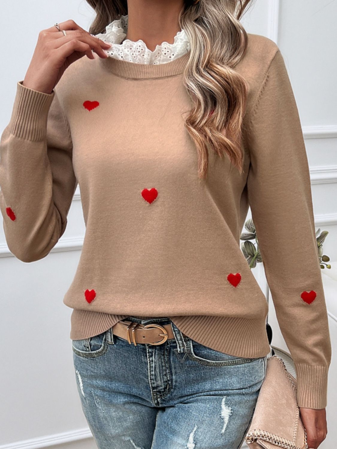 Lace Detail Heart Long Sleeve Sweater-TOPS / DRESSES-[Adult]-[Female]-2022 Online Blue Zone Planet