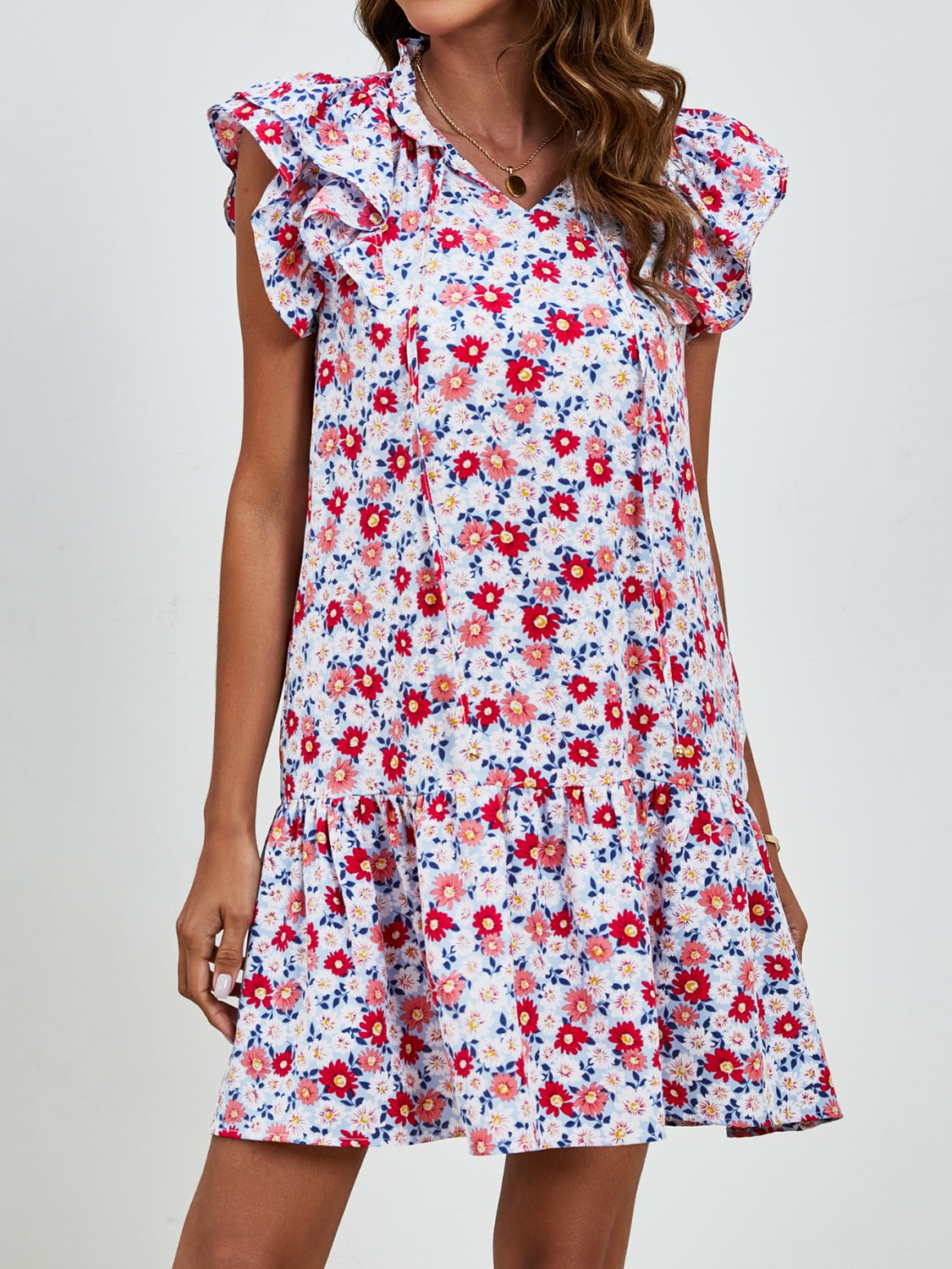 Tied Floral Cap Sleeve Mini Dress-TOPS / DRESSES-[Adult]-[Female]-2022 Online Blue Zone Planet