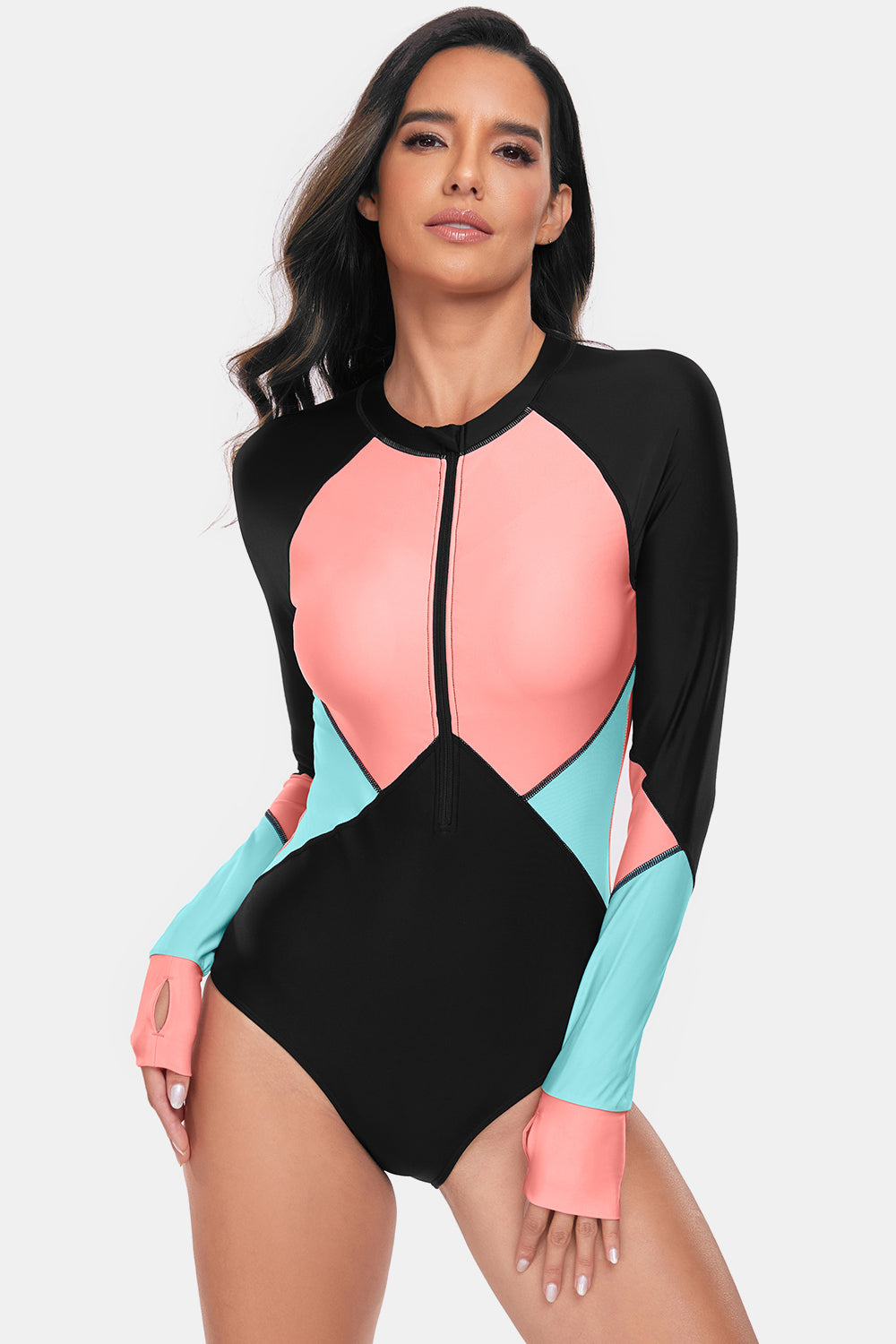 Color Block Half Zip Long Sleeve One-Piece Swimwear-TOPS / DRESSES-[Adult]-[Female]-2022 Online Blue Zone Planet