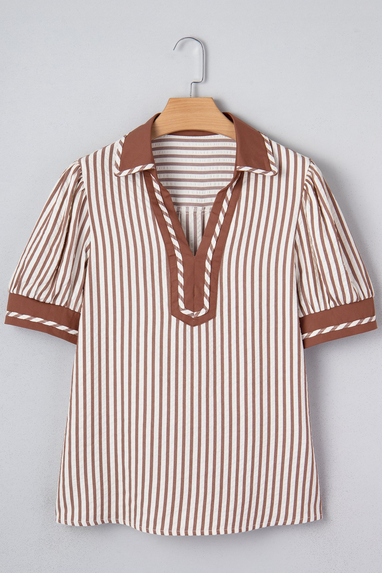 Khaki Stripe Collared Split Neck Short Bubble Sleeve Blouse-Tops/Blouses & Shirts-[Adult]-[Female]-2022 Online Blue Zone Planet