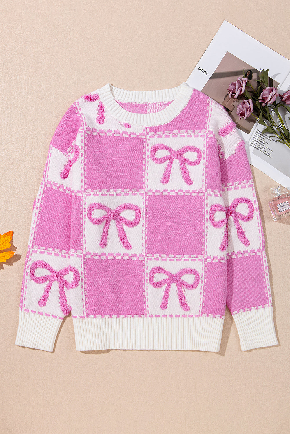 Pink Bow Knot Two Tone Checkered Crew Neck Sweater-Sweaters & Cardigans/Sweaters-[Adult]-[Female]-2022 Online Blue Zone Planet