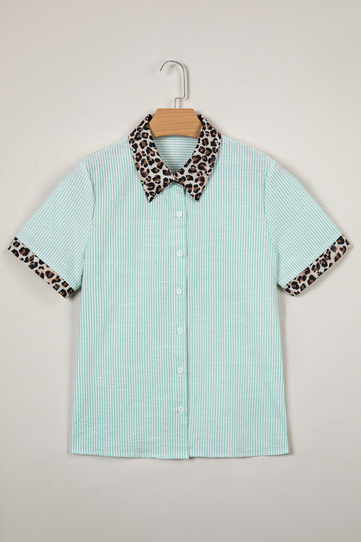 Sky Blue Stripe Leopard Contrast Collar Short Sleeve Shirt-Tops/Blouses & Shirts-[Adult]-[Female]-2022 Online Blue Zone Planet
