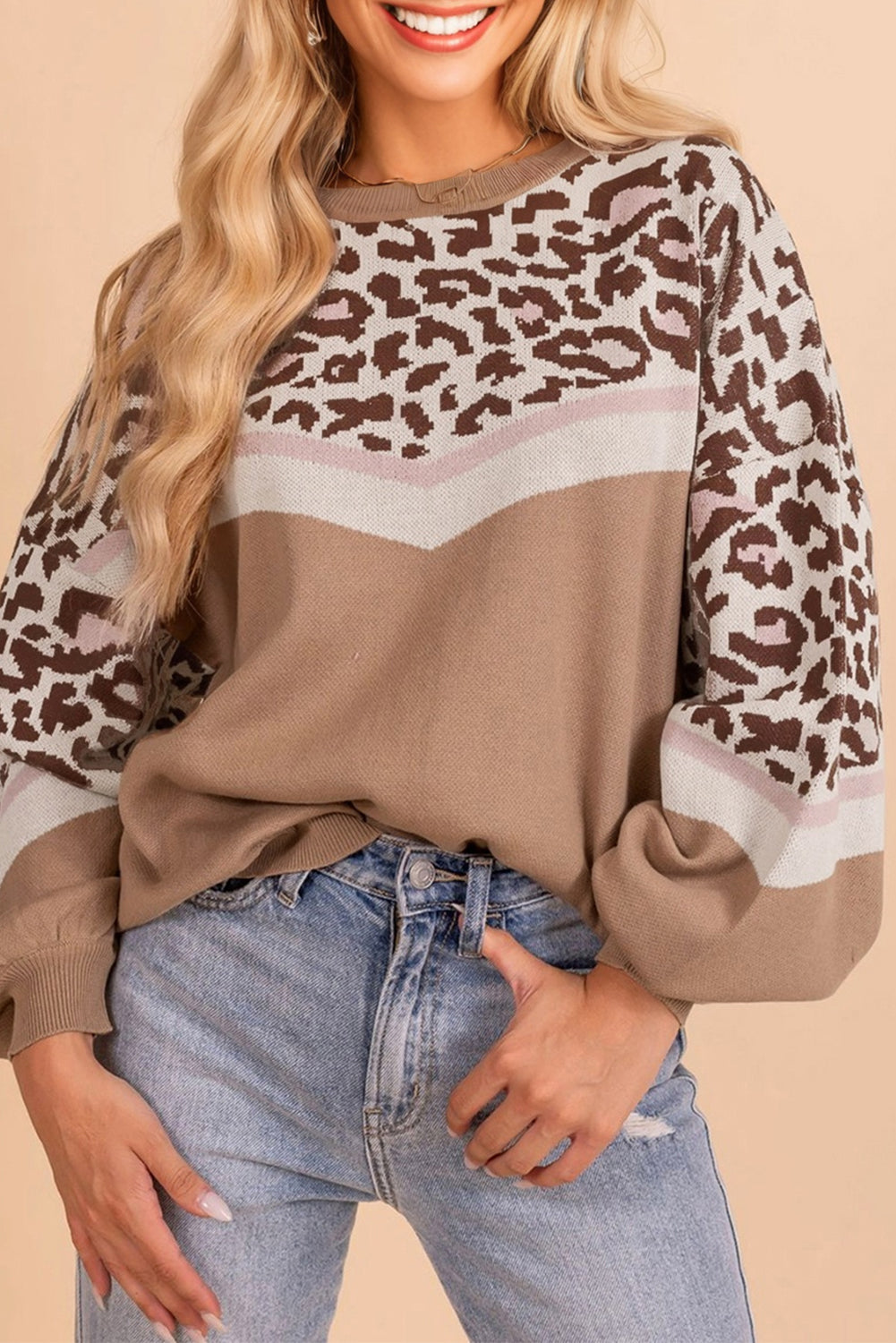 Straw Yellow Leopard Color Block Knit Round Neck Baggy Sweater-TOPS / DRESSES-[Adult]-[Female]-Straw Yellow-S-2022 Online Blue Zone Planet