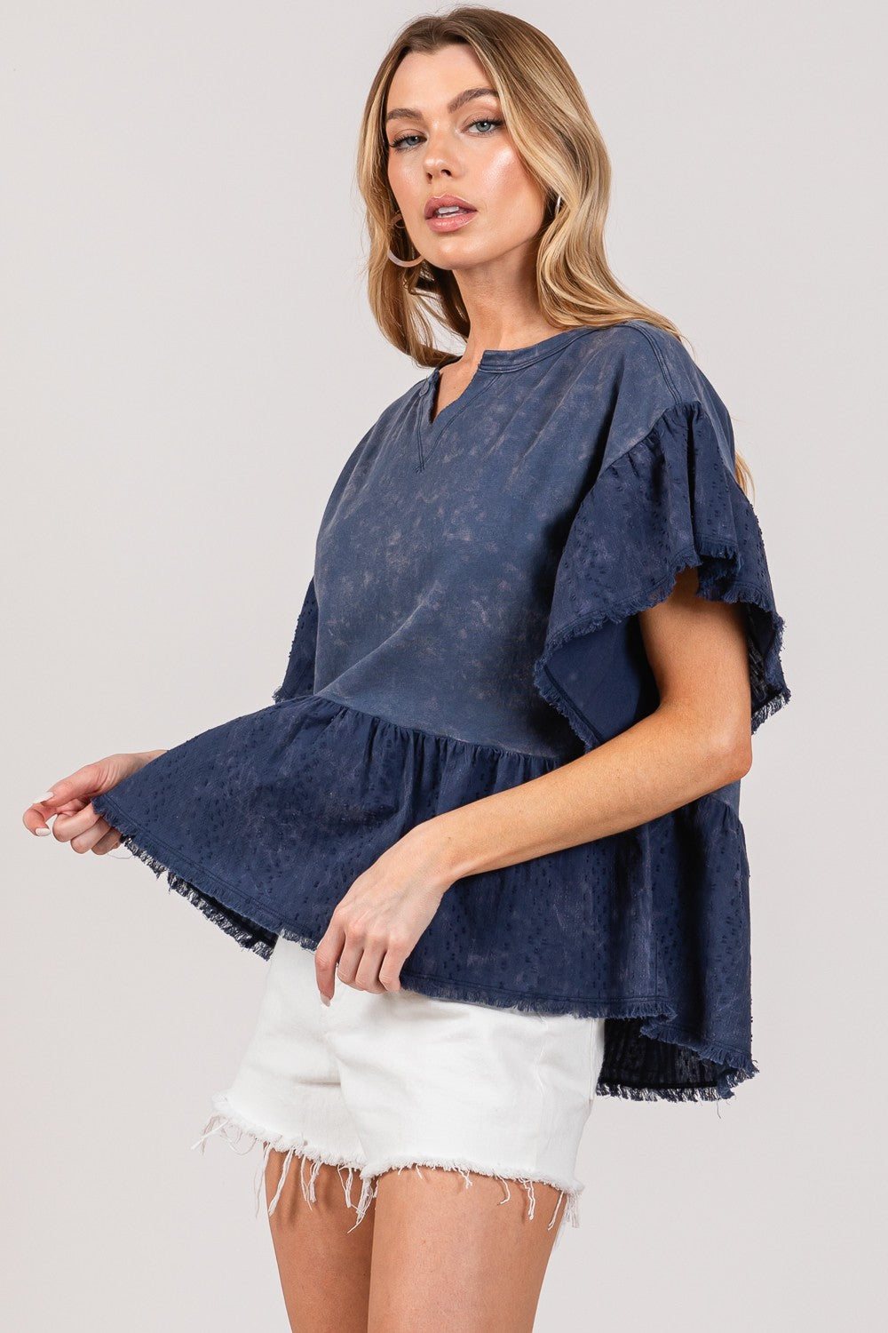 SAGE + FIG Ruffle Sleeve Washed Short Sleeve Blouse-TOPS / DRESSES-[Adult]-[Female]-2022 Online Blue Zone Planet