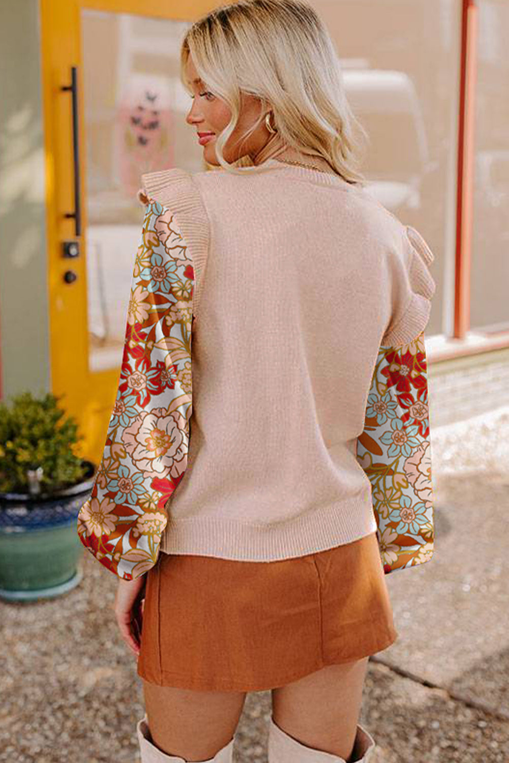Parchment Cable Knit Ruffle Detail Contrast Floral Sleeve Patchwork Sweater-Sweaters & Cardigans/Sweaters-[Adult]-[Female]-2022 Online Blue Zone Planet