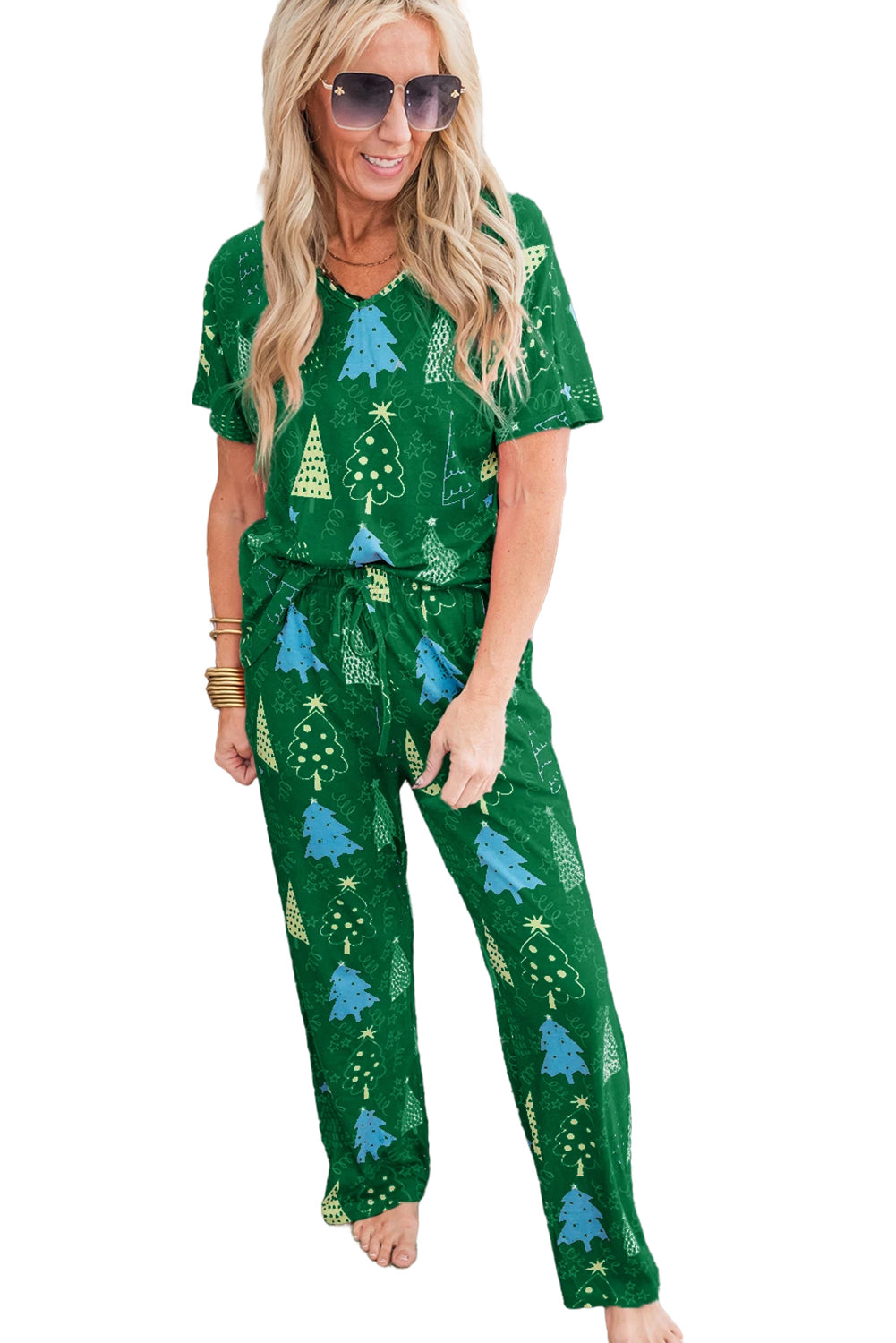 Green Christmas Tree Print V Neck Tee and Pants Pajama Set-Loungewear Set-[Adult]-[Female]-2022 Online Blue Zone Planet