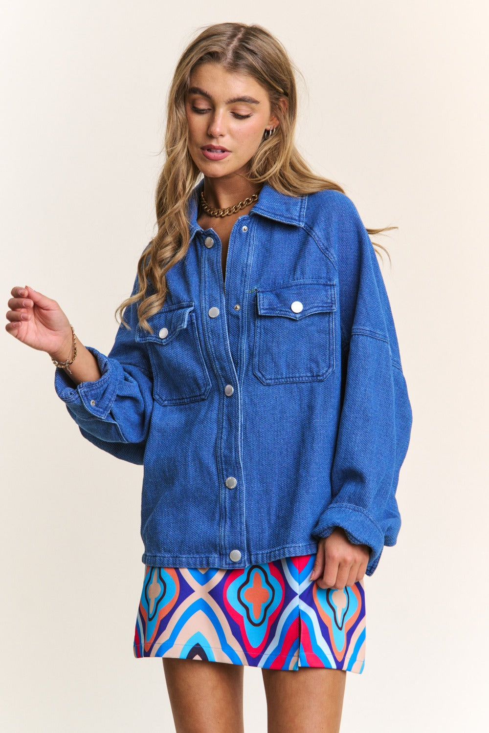 J.NNA Snap Down Long Sleeve Denim Shacket-TOPS / DRESSES-[Adult]-[Female]-2022 Online Blue Zone Planet