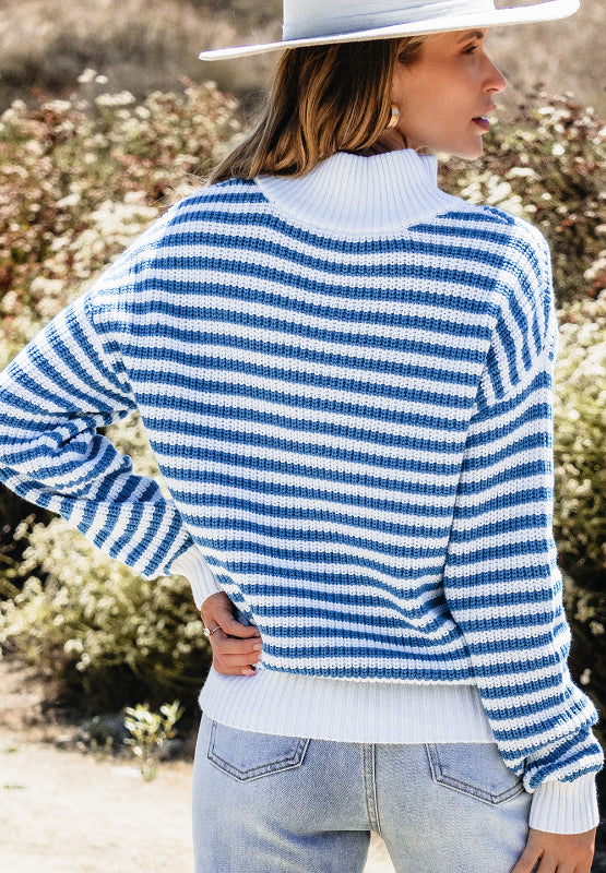 Striped Half Zip Mock Neck Long Sleeve Sweater-TOPS / DRESSES-[Adult]-[Female]-2022 Online Blue Zone Planet