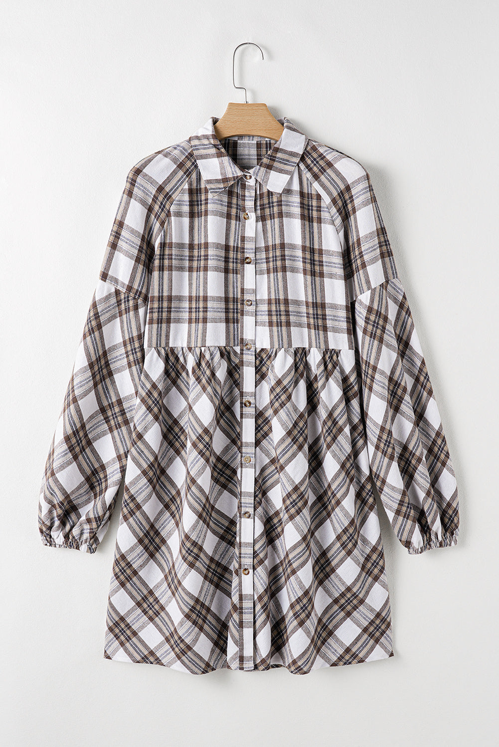 Full Size Plaid Collared Neck Balloon Sleeve Mini Shirt Dress-TOPS / DRESSES-[Adult]-[Female]-2022 Online Blue Zone Planet