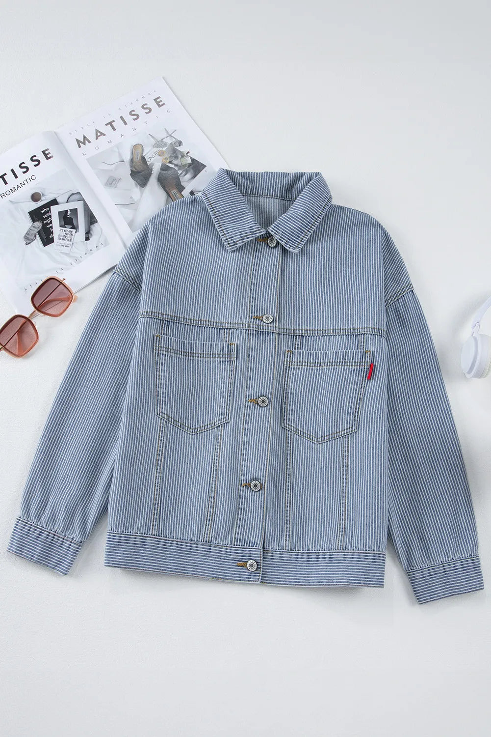 Striped Button Up Long Sleeve Denim Jacket-TOPS / DRESSES-[Adult]-[Female]-2022 Online Blue Zone Planet