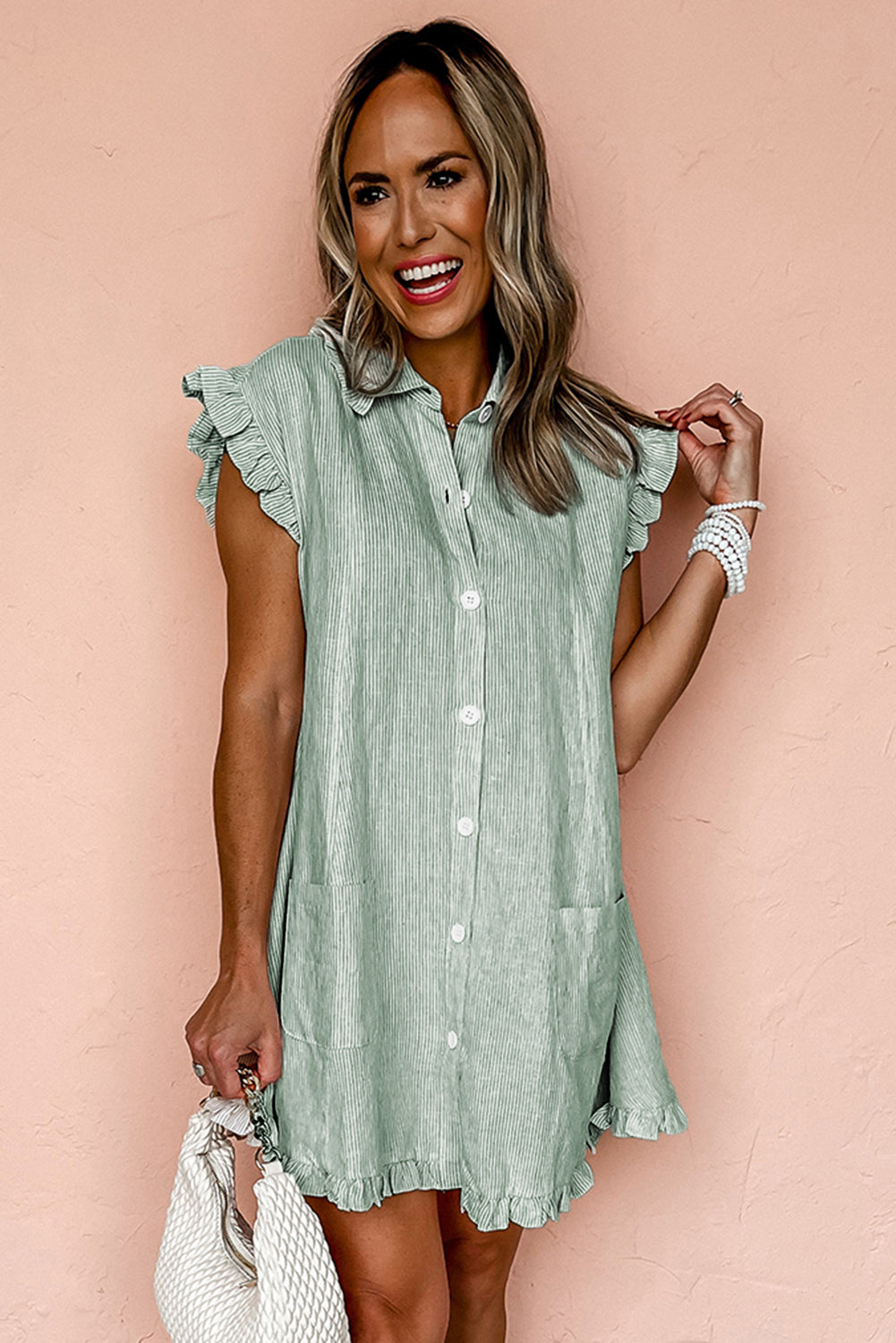 Green Stripe Frilled Sleeveless Collar Front Pocket Button Up Mini Dress-TOPS / DRESSES-[Adult]-[Female]-2022 Online Blue Zone Planet