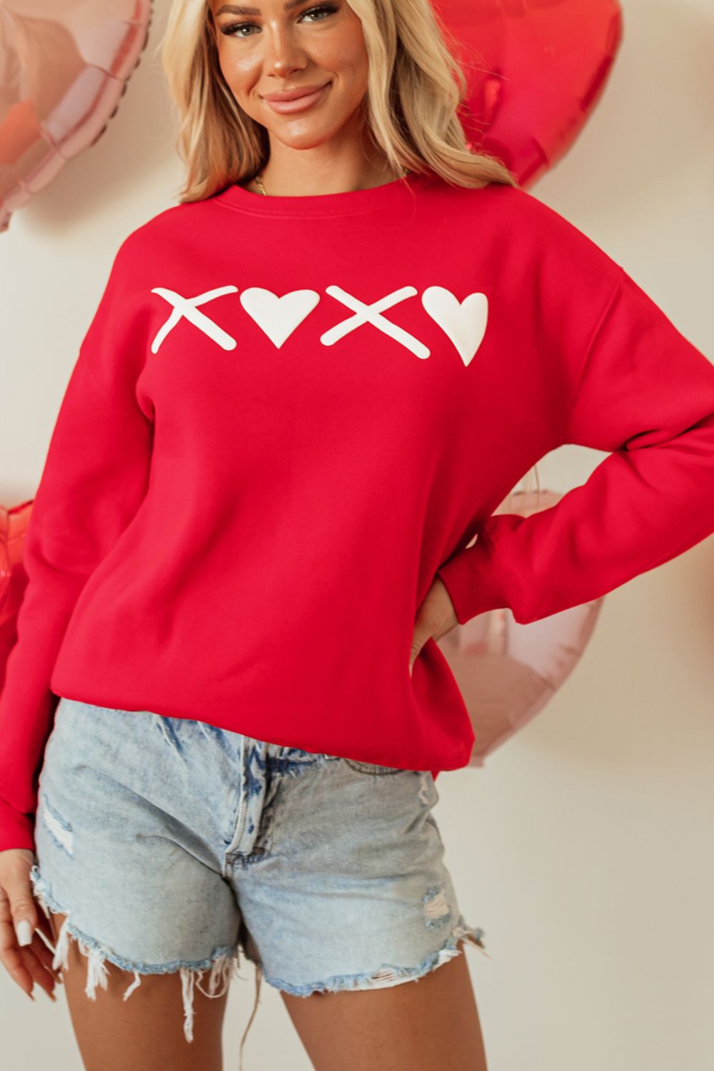 Valentine’s Day XOXO Round Neck Drop Shoulder Sweatshirt-TOPS / DRESSES-[Adult]-[Female]-2022 Online Blue Zone Planet