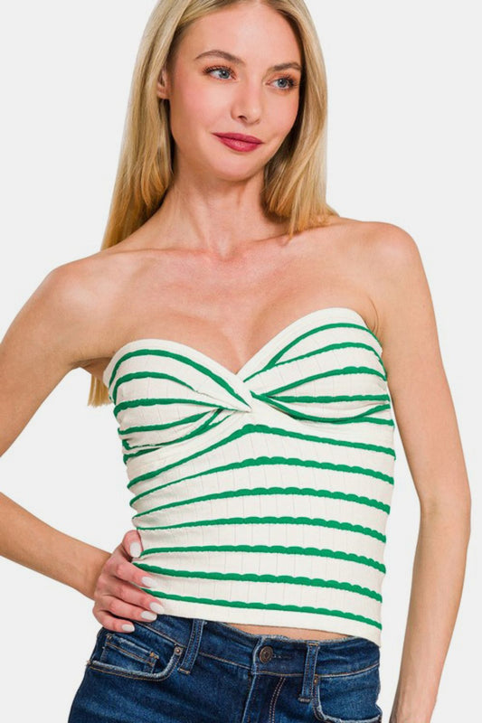 Zenana Twisted Sweetheart Neck Striped Tube Top-TOPS / DRESSES-[Adult]-[Female]-Green-S-2022 Online Blue Zone Planet