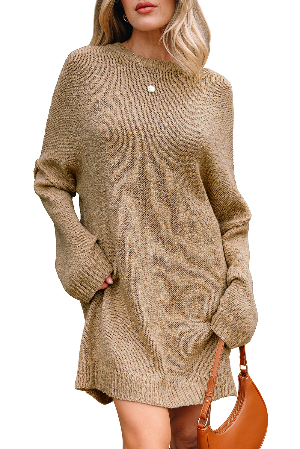 Pale Khaki Oversize Drop Shoulder Slouchy Sweater Dress-TOPS / DRESSES-[Adult]-[Female]-2022 Online Blue Zone Planet